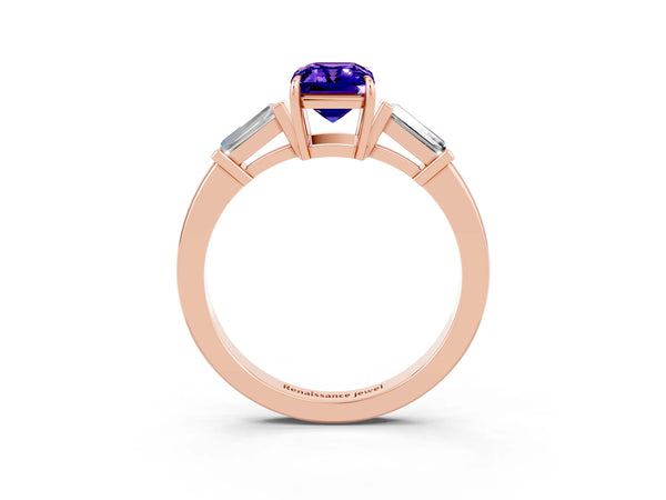 Rose gold Emerald Cut Tanzanite Three-Stone Ring with Tapered Baguette Side Stones and Prong Setting