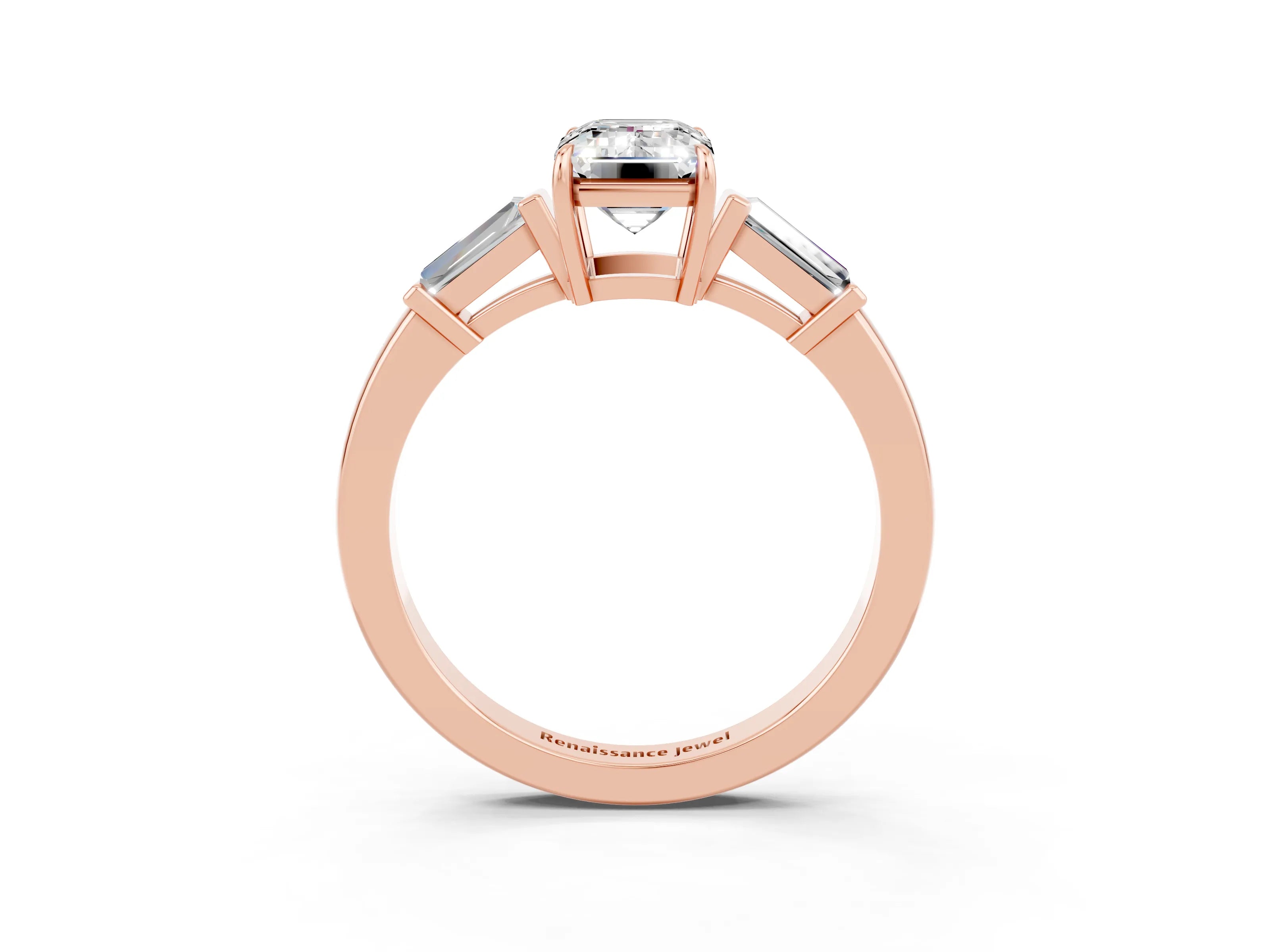 Rose gold Emerald Cut Cut Diamond Ring with Tapered Baguette Side Stones in Four-Prong Setting_3