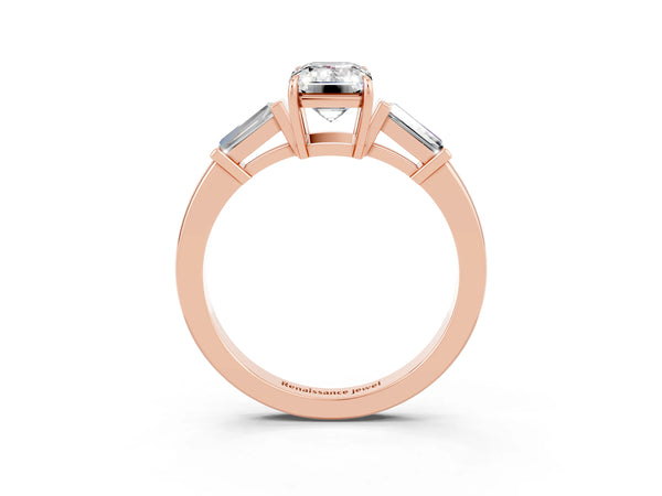 Rose gold Emerald Cut Moissanite Three-Stone Ring with Tapered Baguette Side Stones and Prong Setting