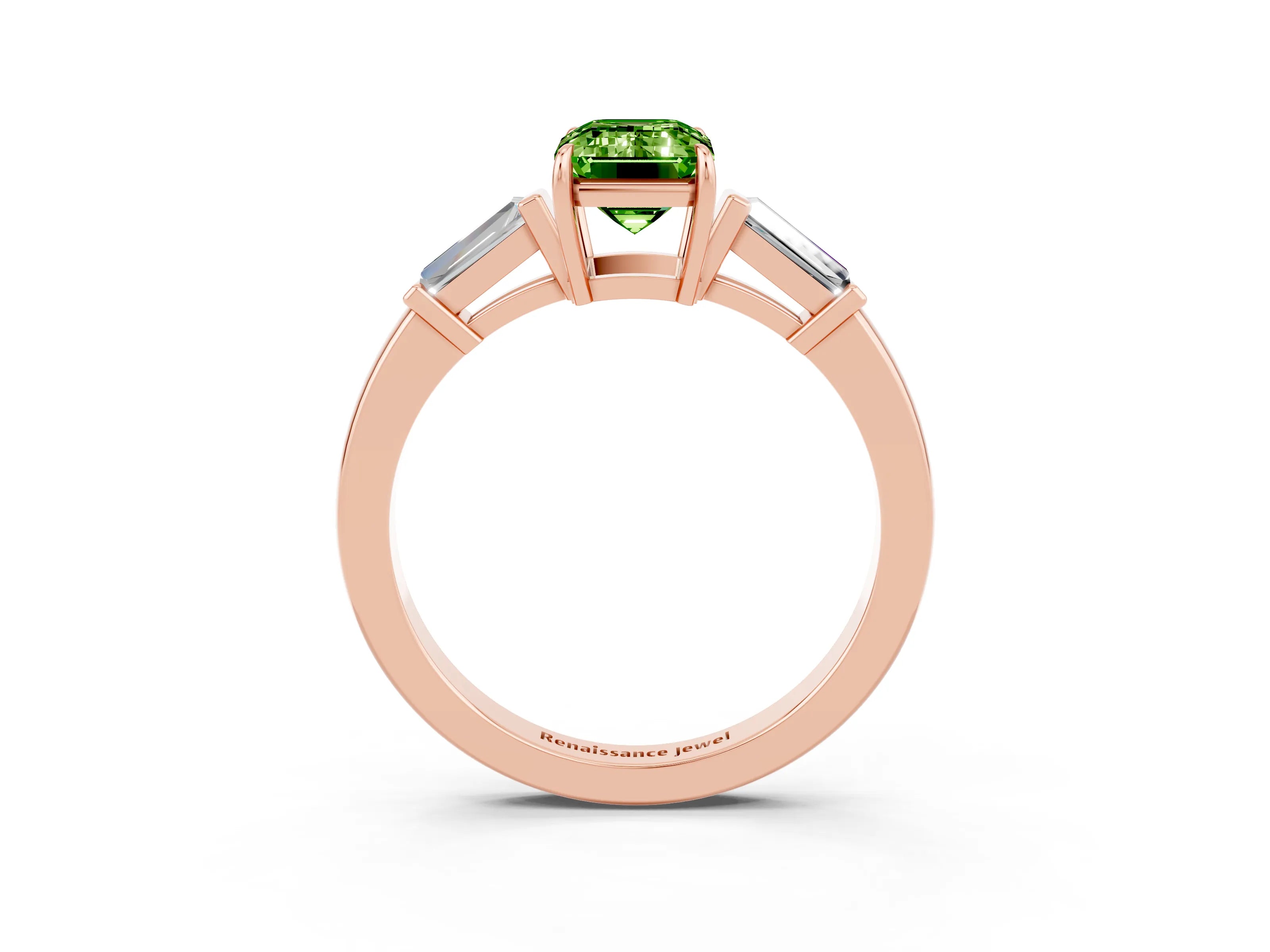 Rose gold Emerald Cut Cut Diamond Ring with Tapered Baguette Side Stones in Four-Prong Setting_3