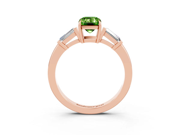 Rose gold Emerald Cut Cut Diamond Ring with Tapered Baguette Side Stones in Four-Prong Setting