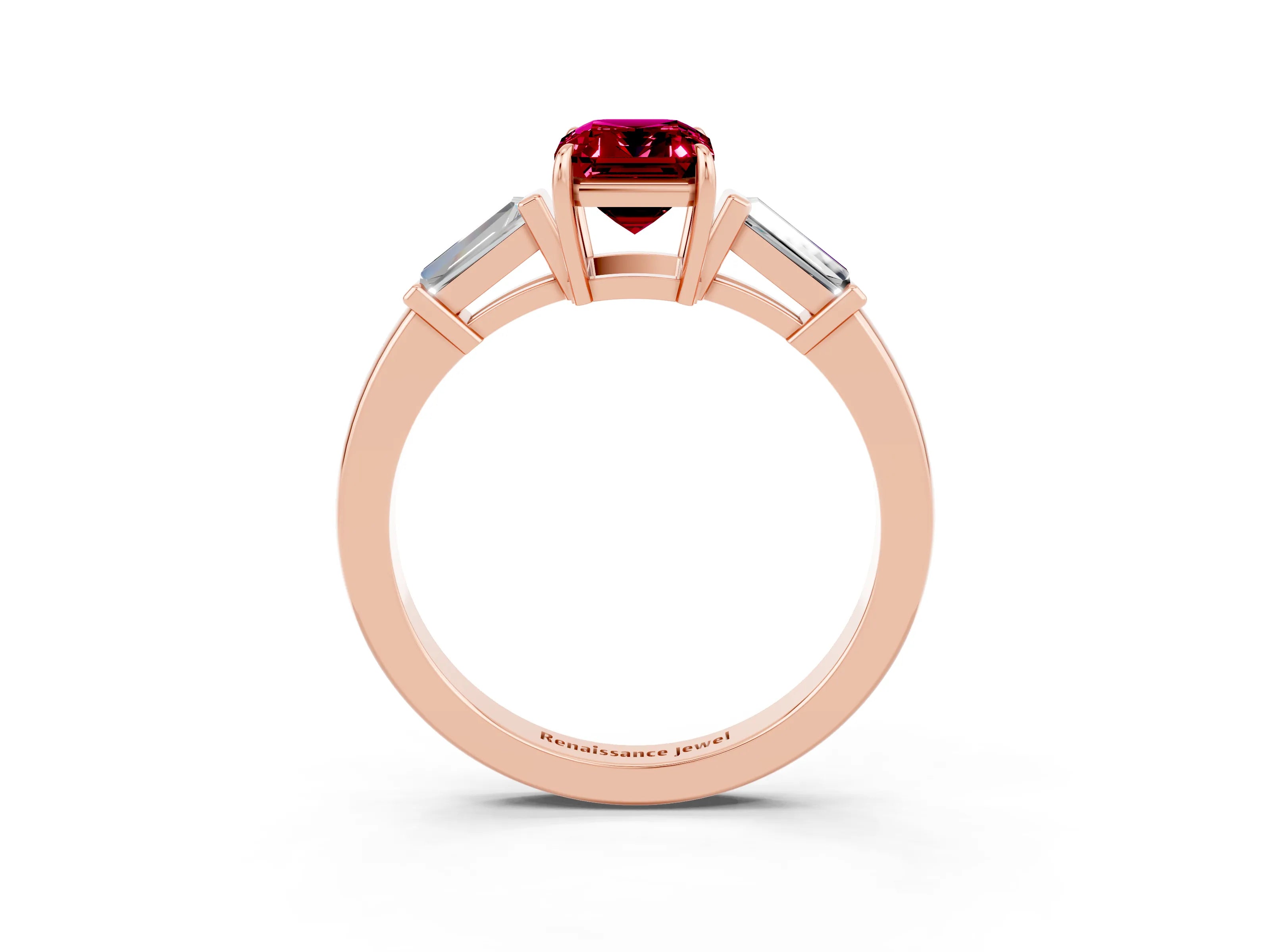 Rose gold Emerald Cut Cut Diamond Ring with Tapered Baguette Side Stones in Four-Prong Setting_3