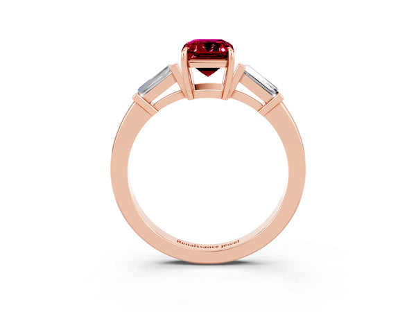 Rose gold Emerald Cut Garnet Three-Stone Ring with Tapered Baguette Side Stones and Prong Setting