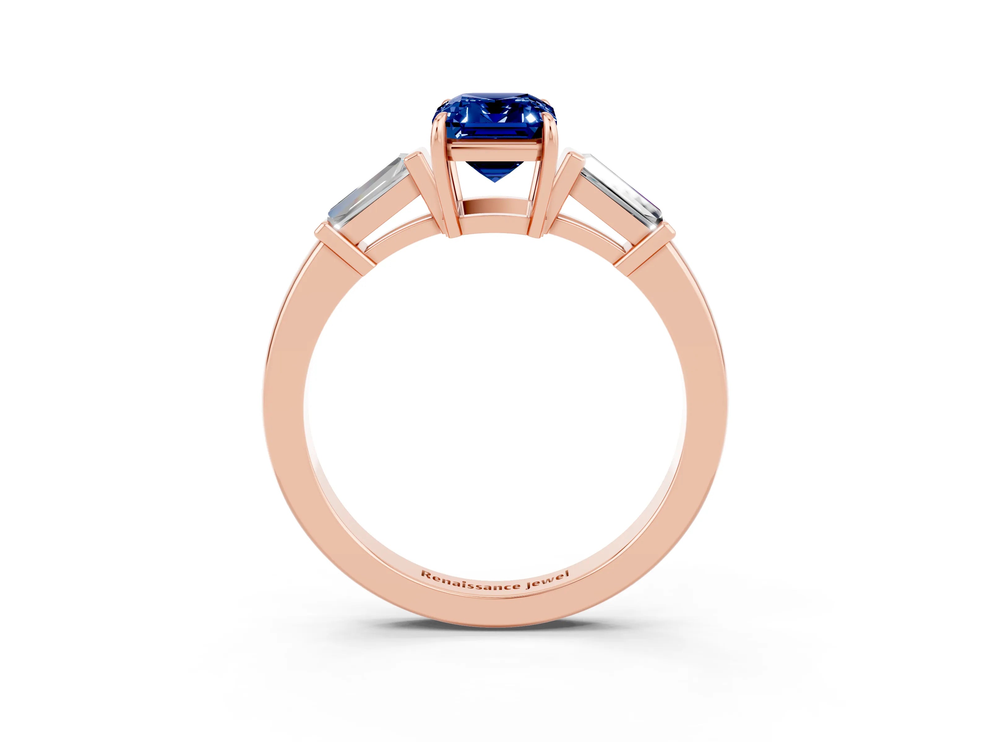 Rose gold Emerald Cut Cut Diamond Ring with Tapered Baguette Side Stones in Four-Prong Setting_3