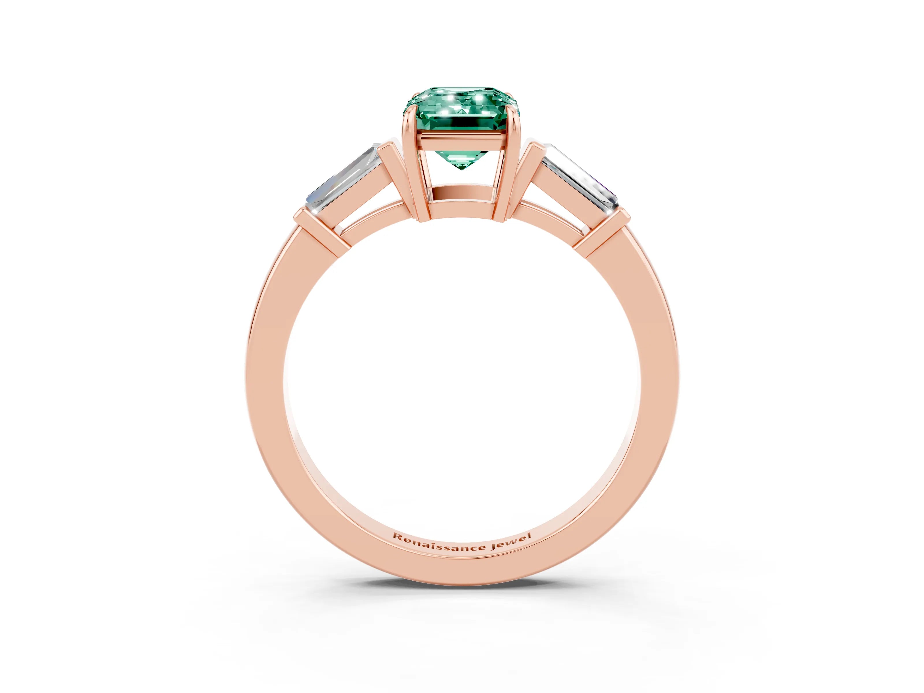 Rose gold Emerald Cut Cut Diamond Ring with Tapered Baguette Side Stones in Four-Prong Setting_3