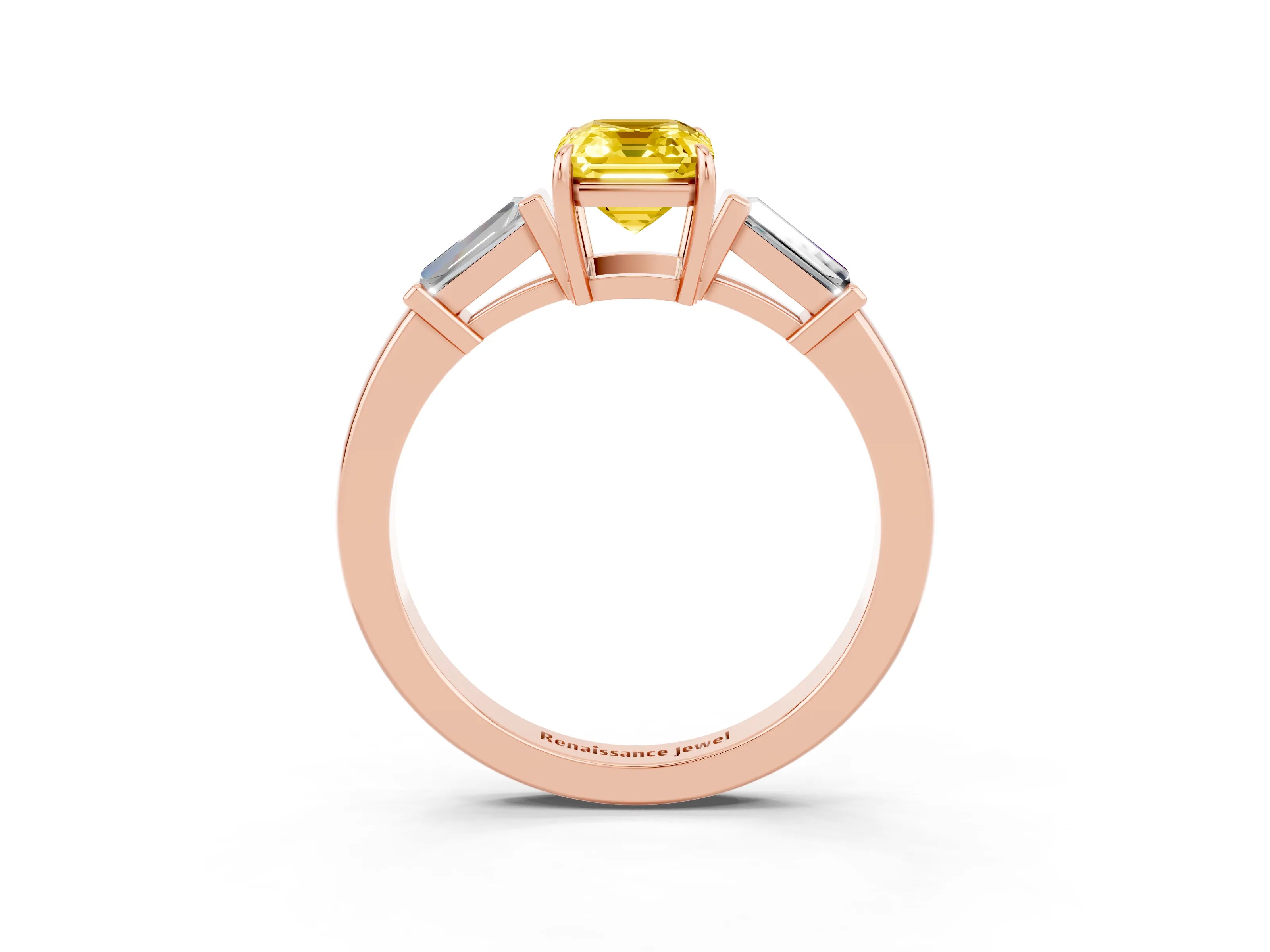 Rose gold Emerald Cut Cut Diamond Ring with Tapered Baguette Side Stones in Four-Prong Setting_3
