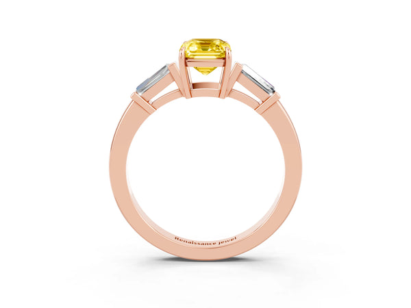 Rose gold Emerald Cut Yellow Sapphire Three-Stone Ring with Tapered Baguette Side Stones and Prong Setting