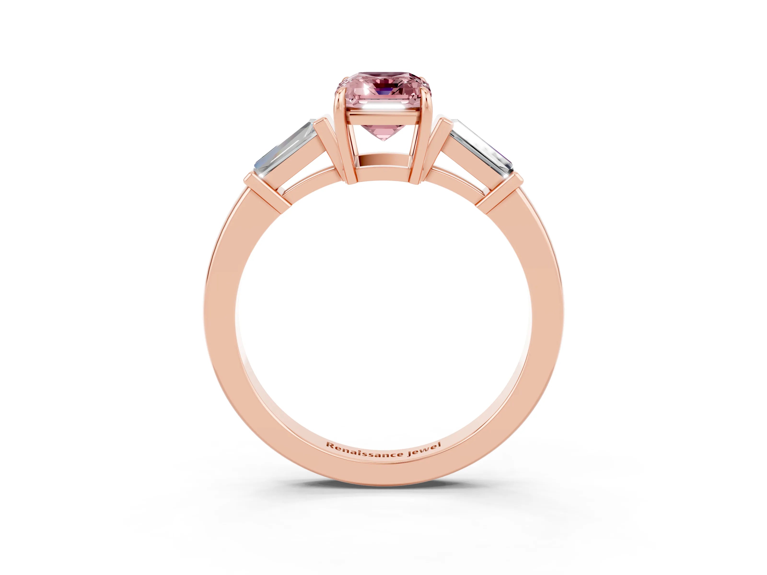 Rose gold Emerald Cut Cut Diamond Ring with Tapered Baguette Side Stones in Four-Prong Setting_3