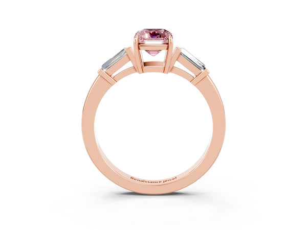 Rose gold Emerald Cut Cut Diamond Ring with Tapered Baguette Side Stones in Four-Prong Setting