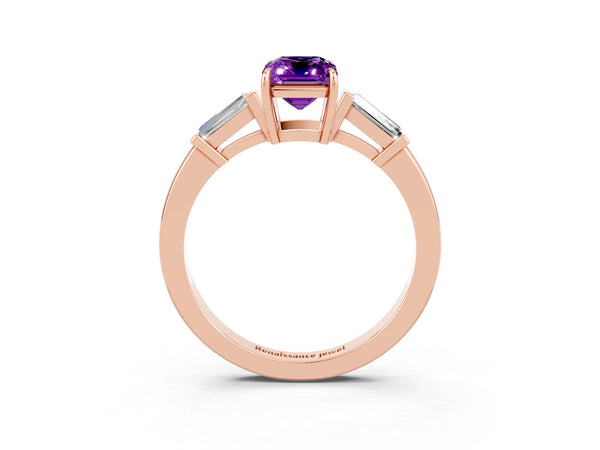 Rose gold Emerald Cut Amethyst Three-Stone Ring with Tapered Baguette Side Stones and Prong Setting