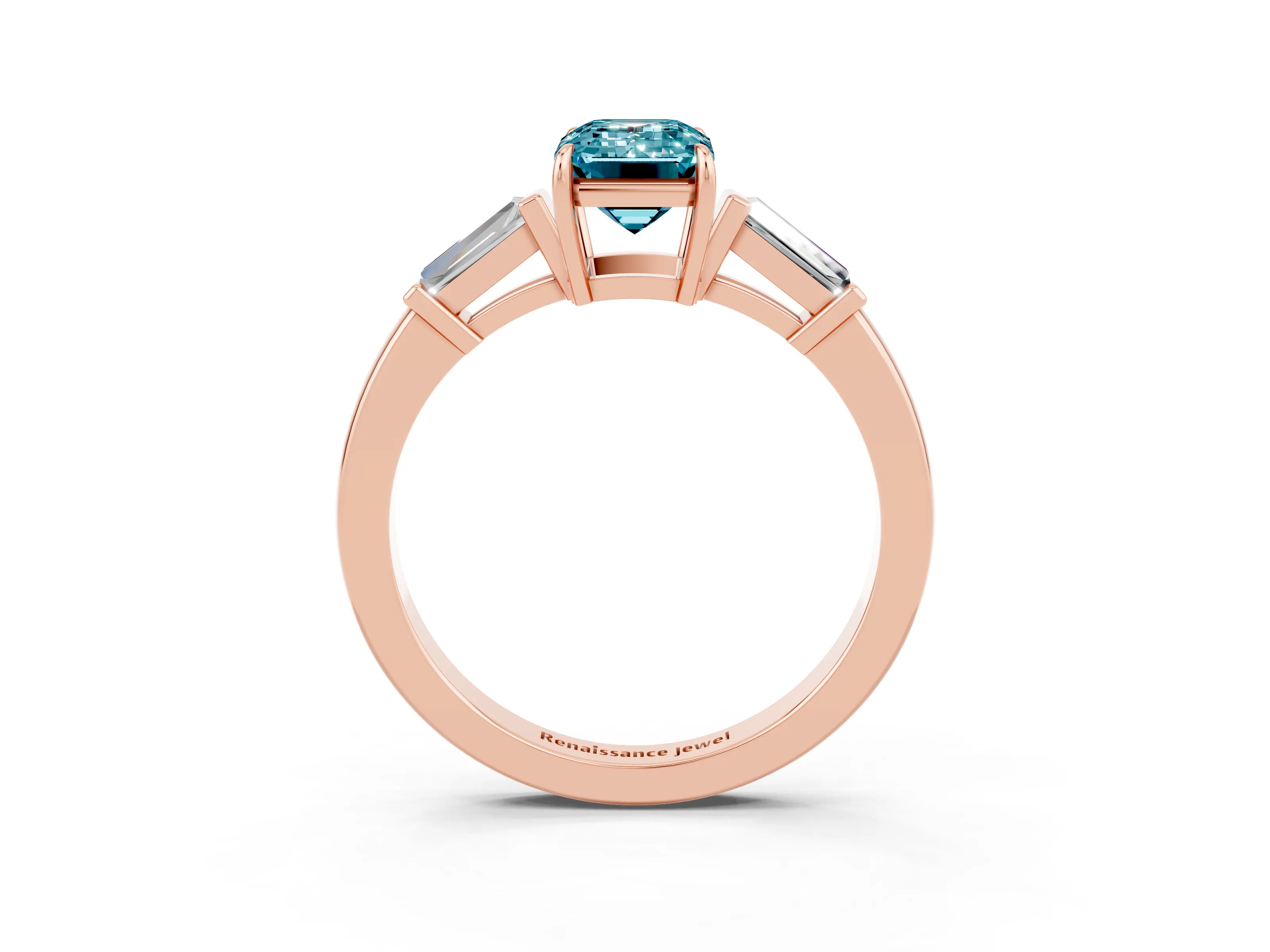 Rose gold Emerald Cut Cut Diamond Ring with Tapered Baguette Side Stones in Four-Prong Setting_3