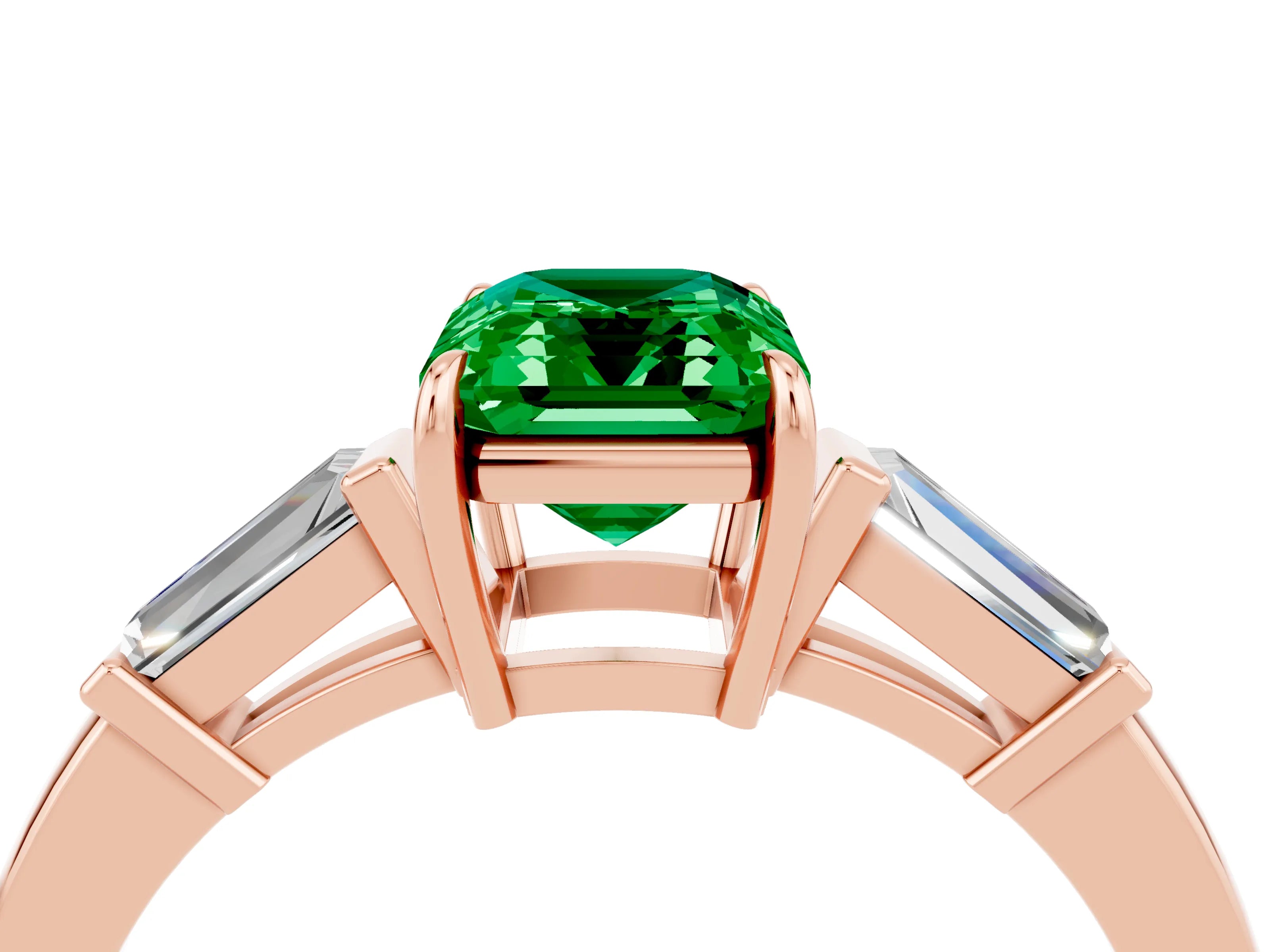 Rose gold Emerald Cut Cut Diamond Ring with Tapered Baguette Side Stones in Four-Prong Setting_4
