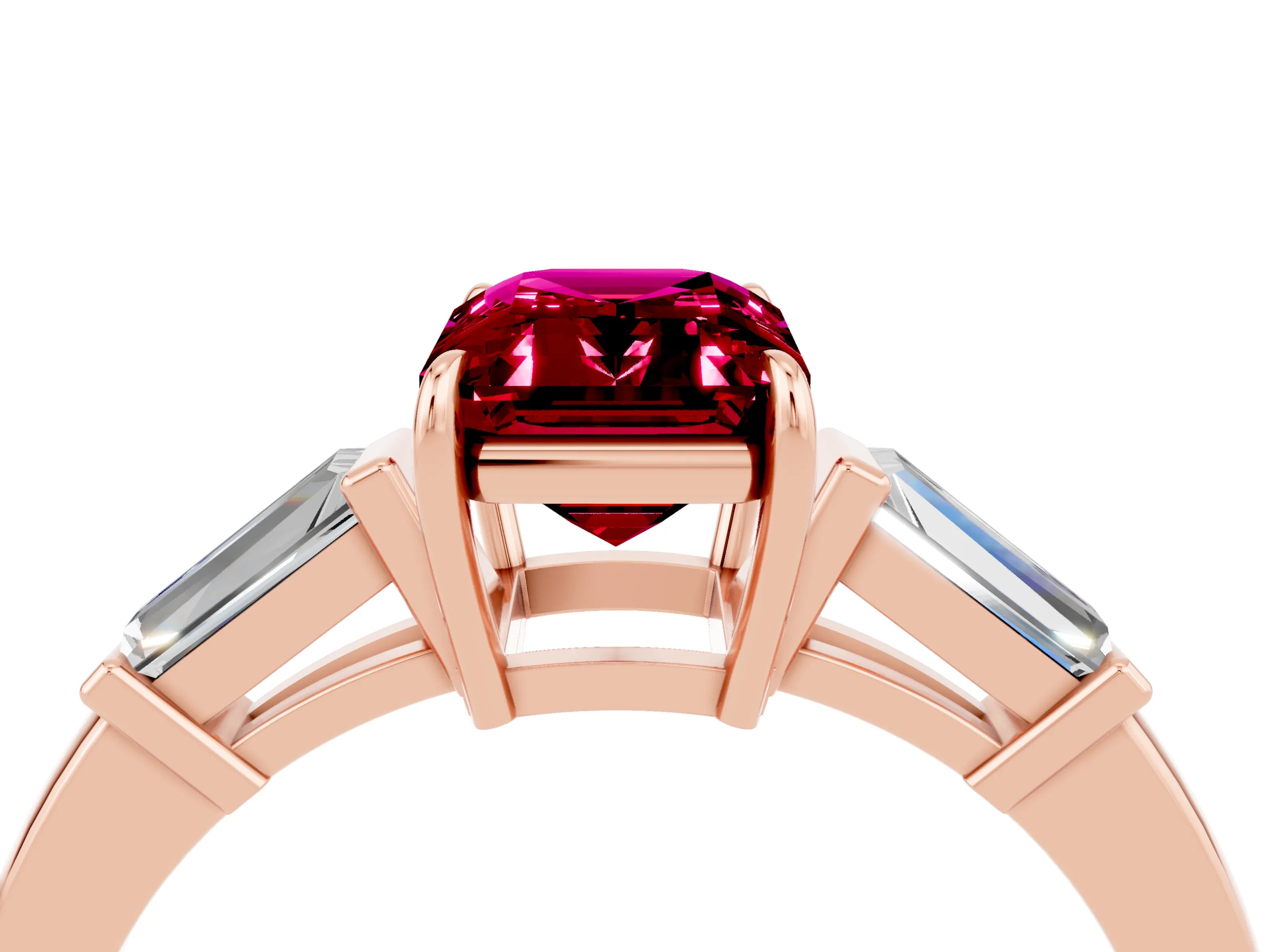 Rose gold Emerald Cut Cut Diamond Ring with Tapered Baguette Side Stones in Four-Prong Setting_4