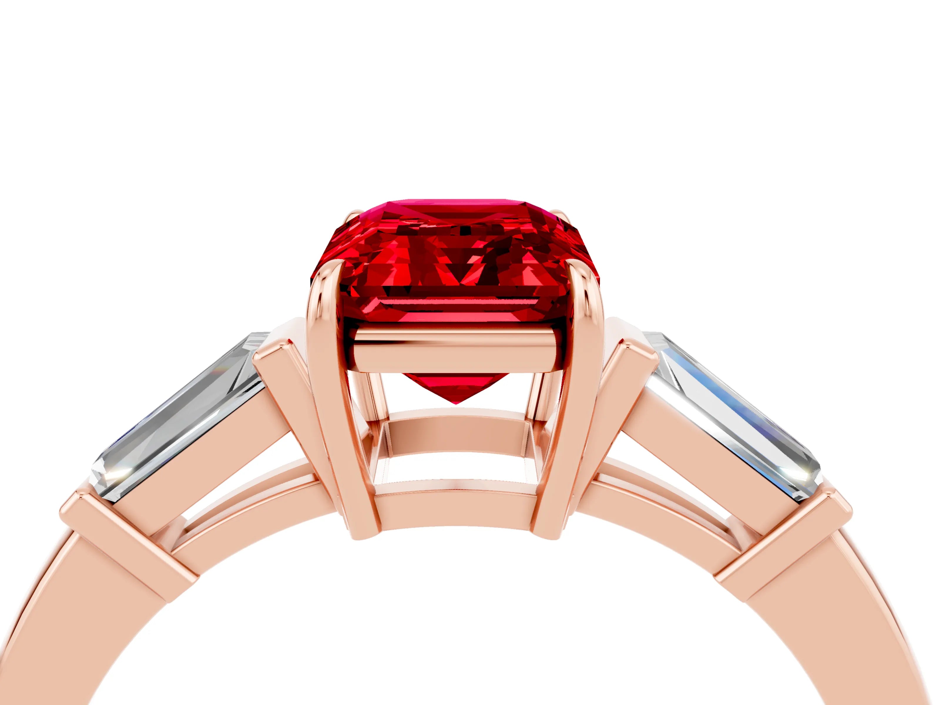 Rose gold Emerald Cut Cut Diamond Ring with Tapered Baguette Side Stones in Four-Prong Setting_4