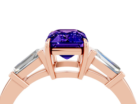 Rose gold Emerald Cut Cut Diamond Ring with Tapered Baguette Side Stones in Four-Prong Setting_4