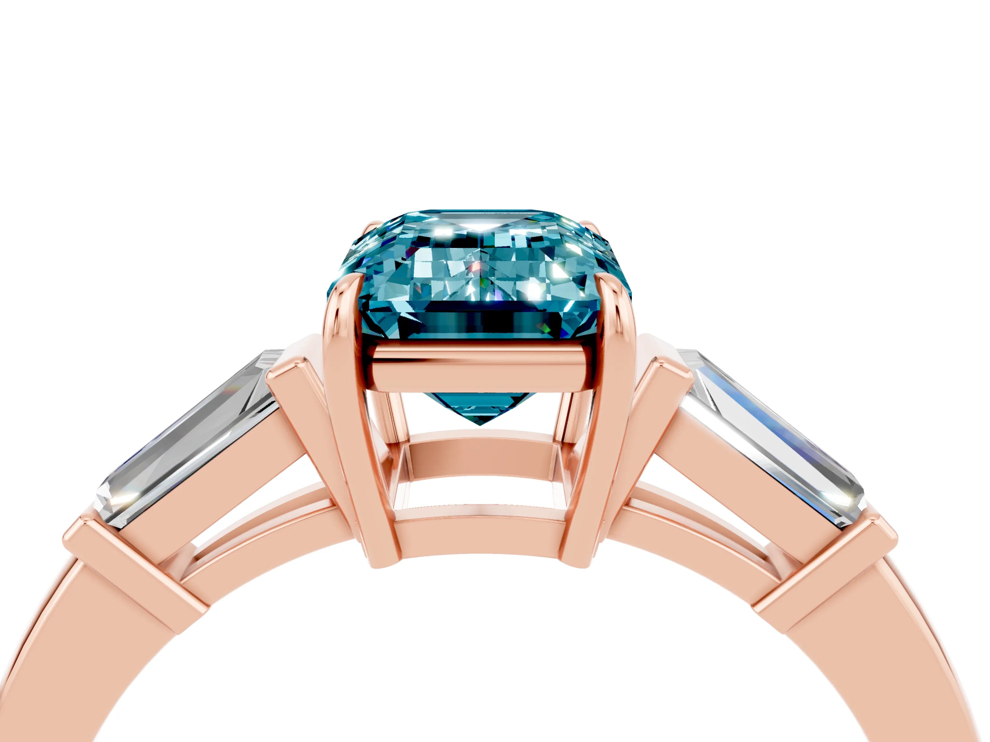 Rose gold Emerald Cut Cut Diamond Ring with Tapered Baguette Side Stones in Four-Prong Setting_4