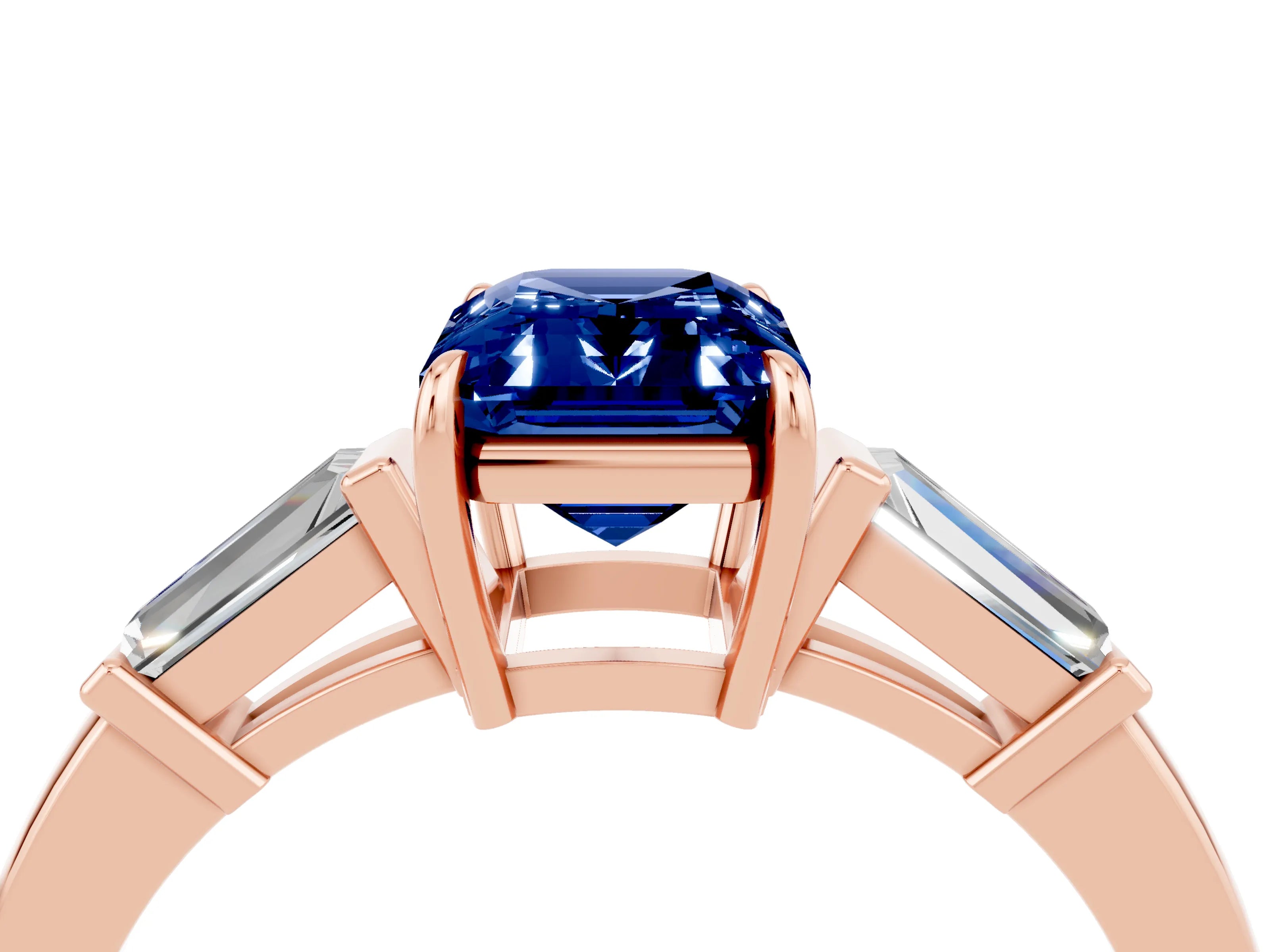 Rose gold Emerald Cut Cut Diamond Ring with Tapered Baguette Side Stones in Four-Prong Setting_4