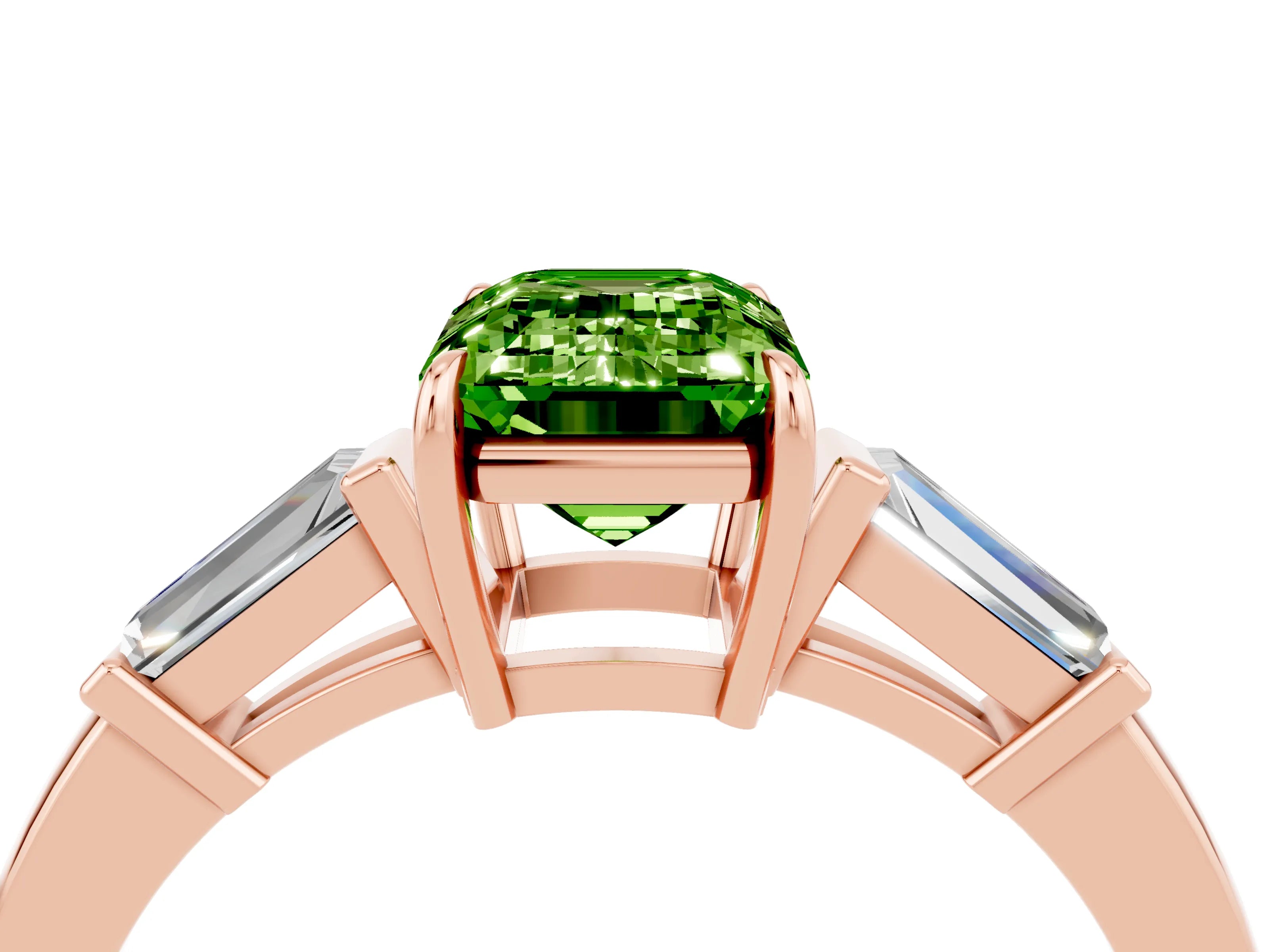Rose gold Emerald Cut Cut Diamond Ring with Tapered Baguette Side Stones in Four-Prong Setting_4