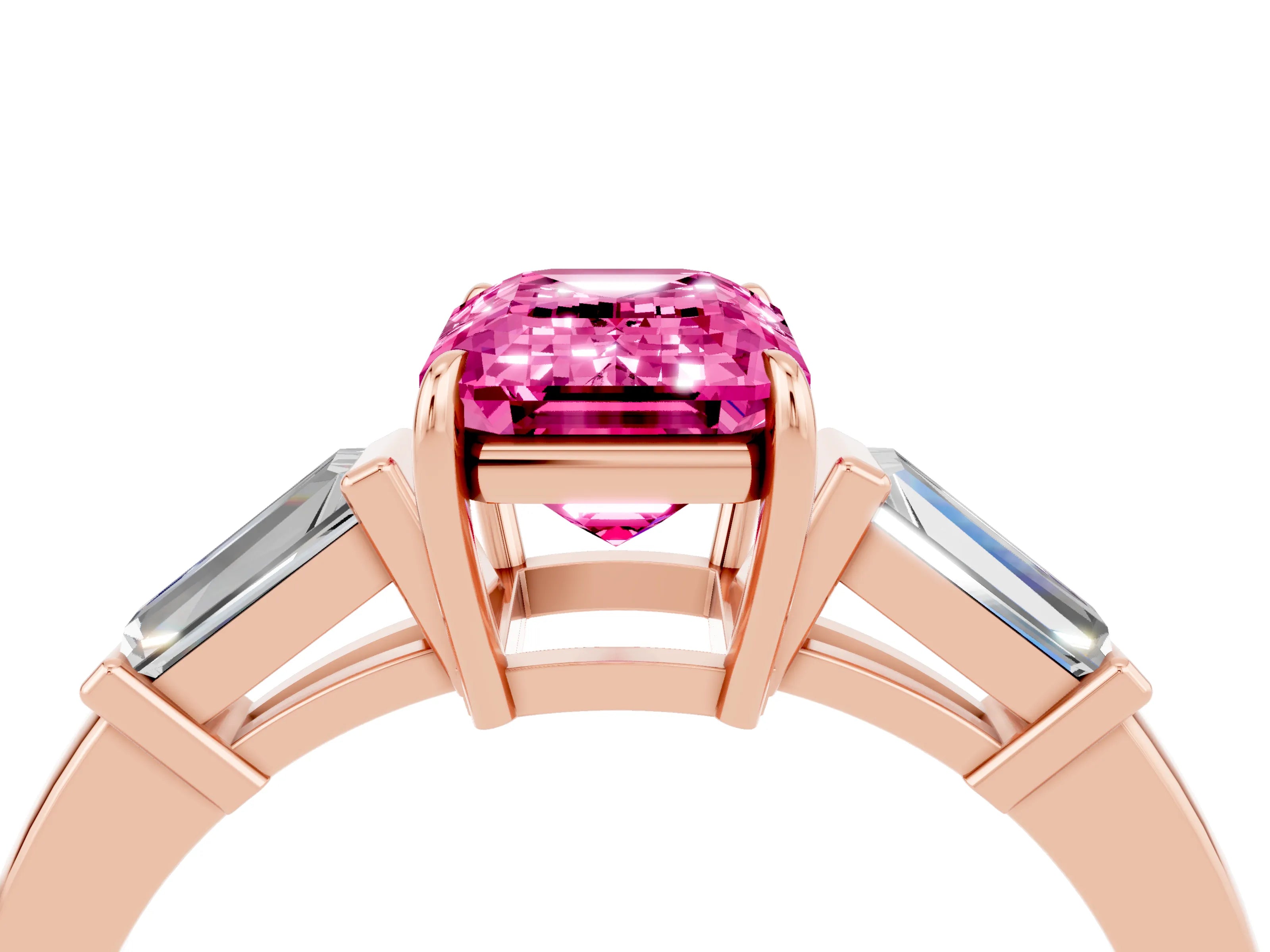 Rose gold Emerald Cut Cut Diamond Ring with Tapered Baguette Side Stones in Four-Prong Setting_4