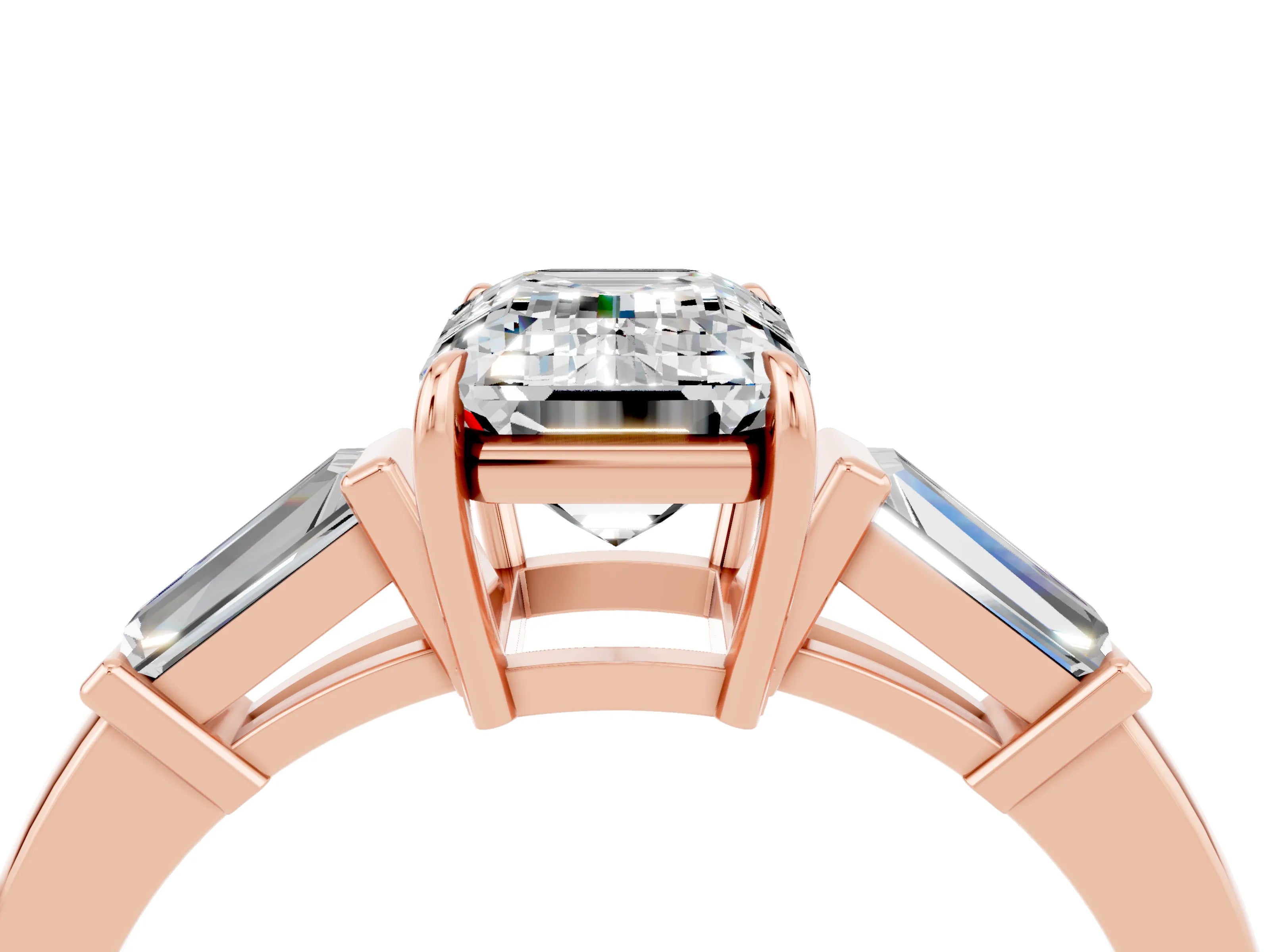 Rose gold Emerald Cut Cut Diamond Ring with Tapered Baguette Side Stones in Four-Prong Setting_4