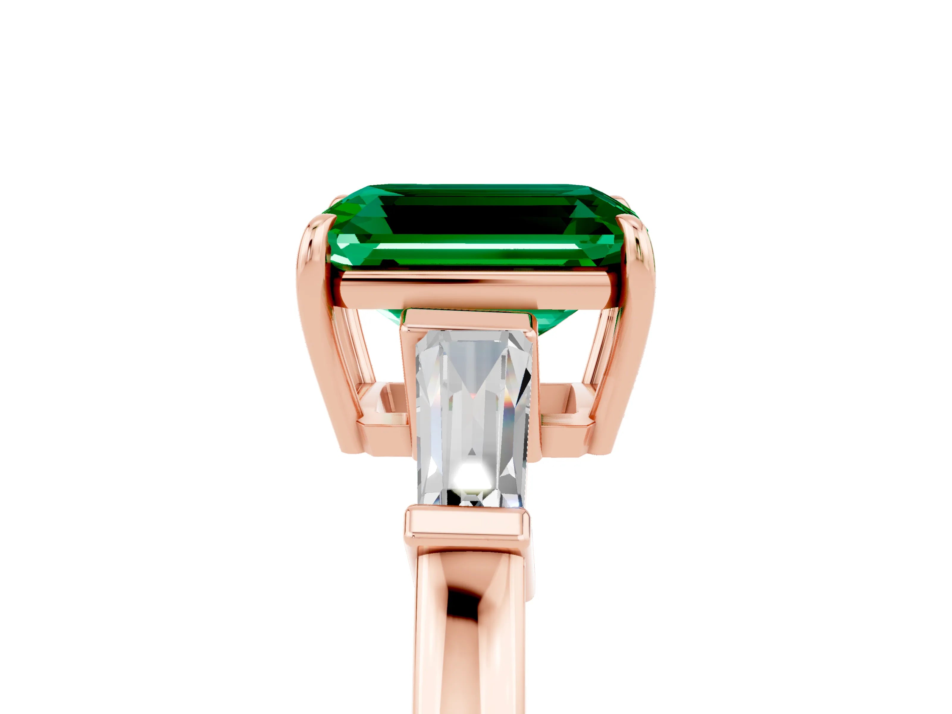 Rose gold Emerald Cut Cut Diamond Ring with Tapered Baguette Side Stones in Four-Prong Setting_5
