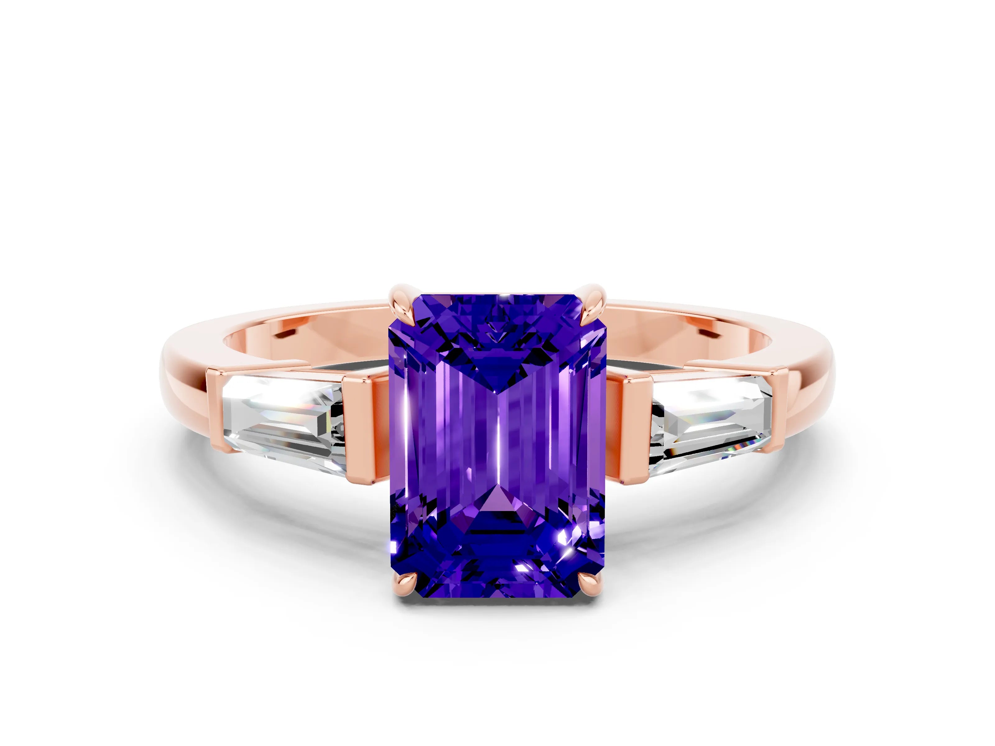 Rose gold Emerald Cut Cut Diamond Ring with Tapered Baguette Side Stones in Four-Prong Setting