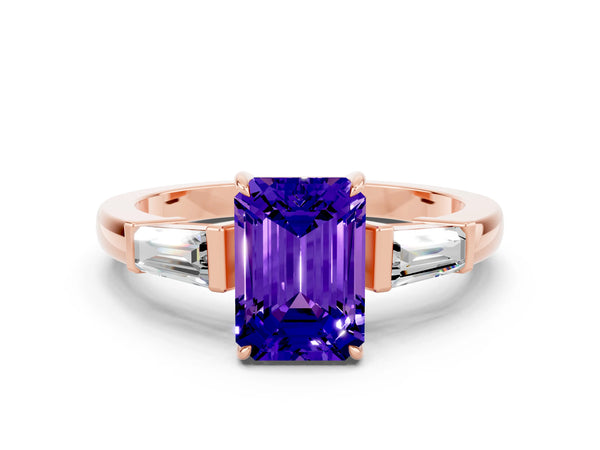 Rose gold Emerald Cut Tanzanite Three-Stone Ring with Tapered Baguette Side Stones and Prong Setting