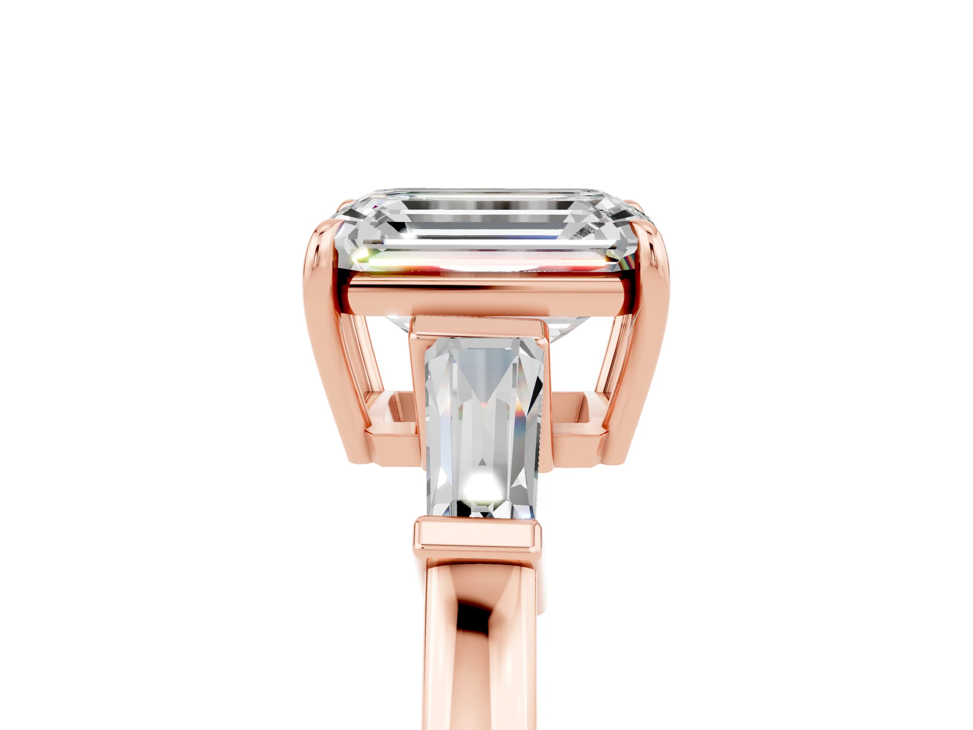 Rose gold Emerald Cut Cut Diamond Ring with Tapered Baguette Side Stones in Four-Prong Setting_5