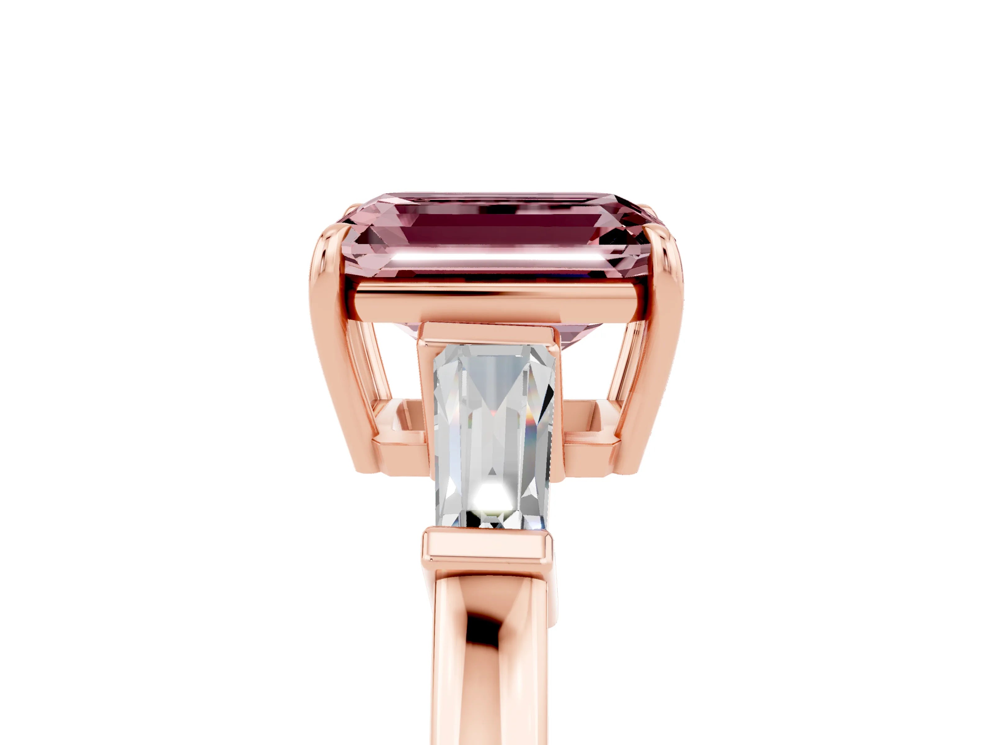 Rose gold Emerald Cut Cut Diamond Ring with Tapered Baguette Side Stones in Four-Prong Setting_5