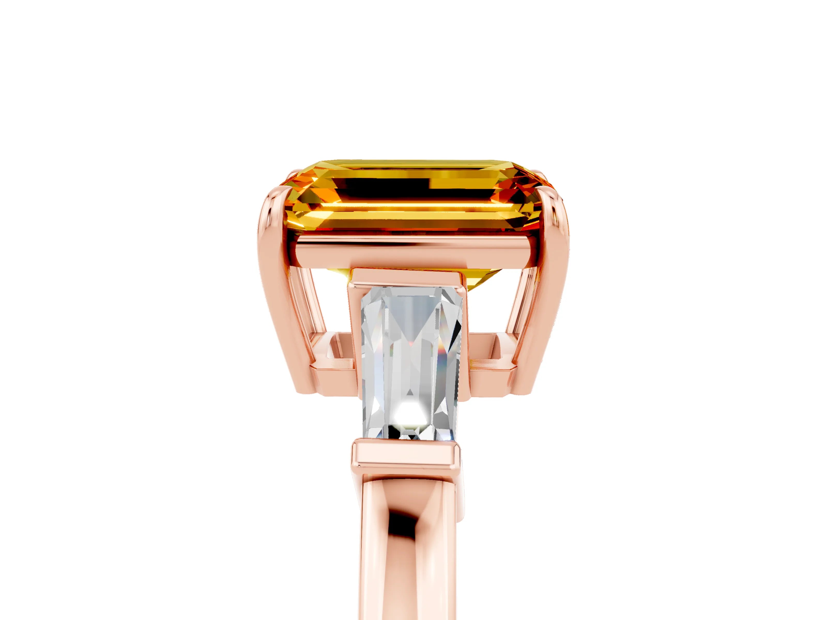 Rose gold Emerald Cut Cut Diamond Ring with Tapered Baguette Side Stones in Four-Prong Setting_5