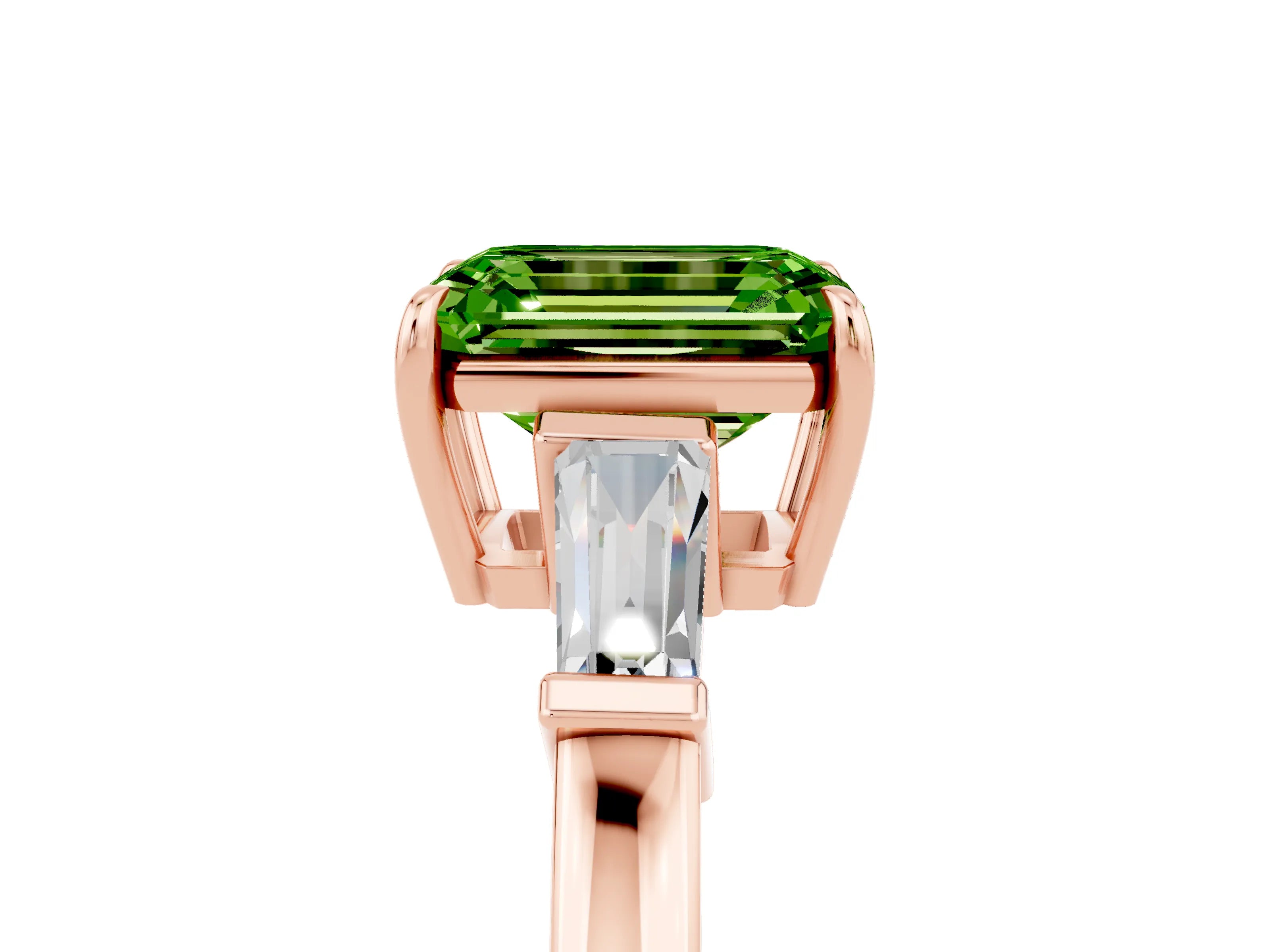 Rose gold Emerald Cut Cut Diamond Ring with Tapered Baguette Side Stones in Four-Prong Setting_5