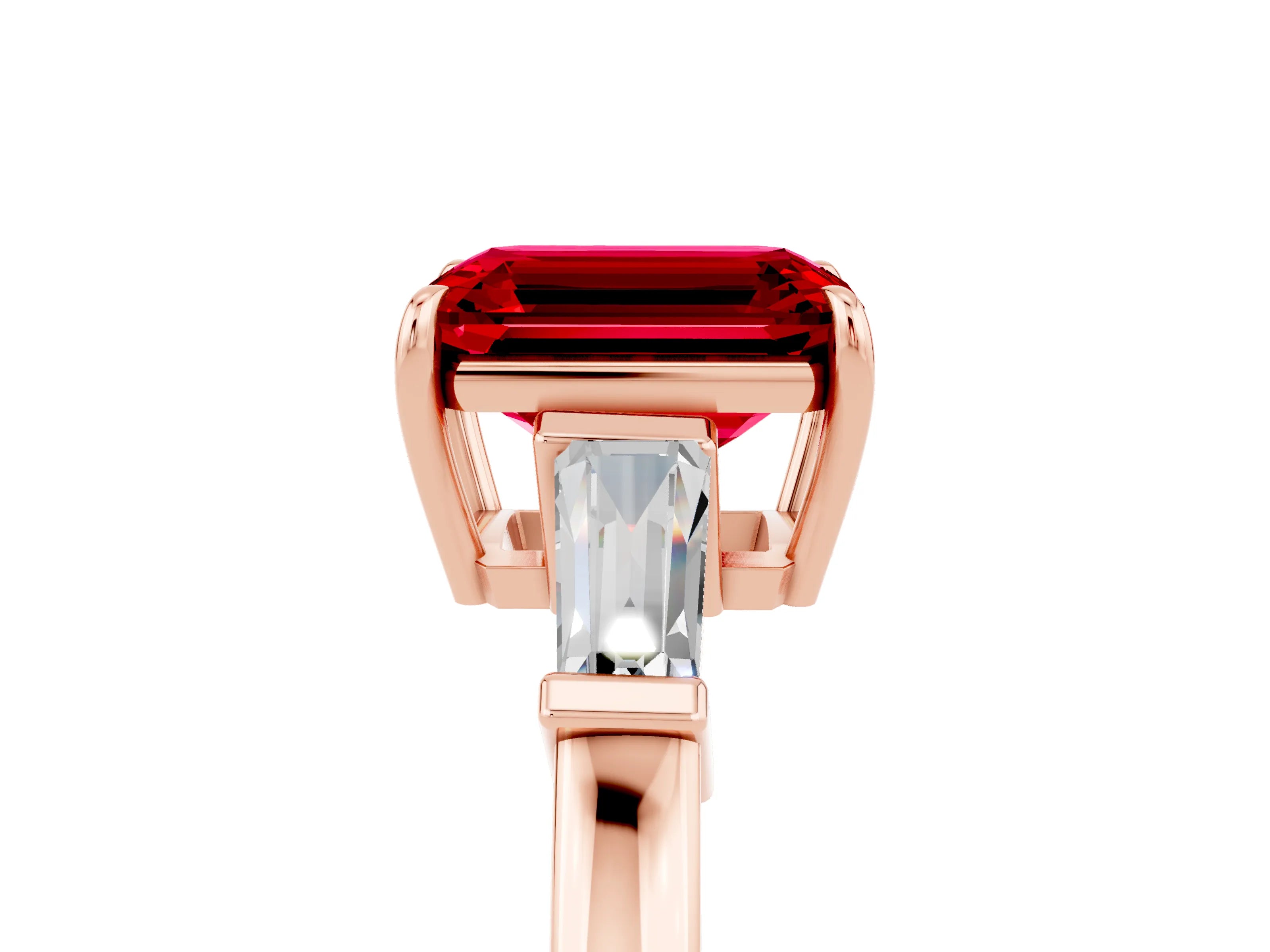 Rose gold Emerald Cut Cut Diamond Ring with Tapered Baguette Side Stones in Four-Prong Setting_5