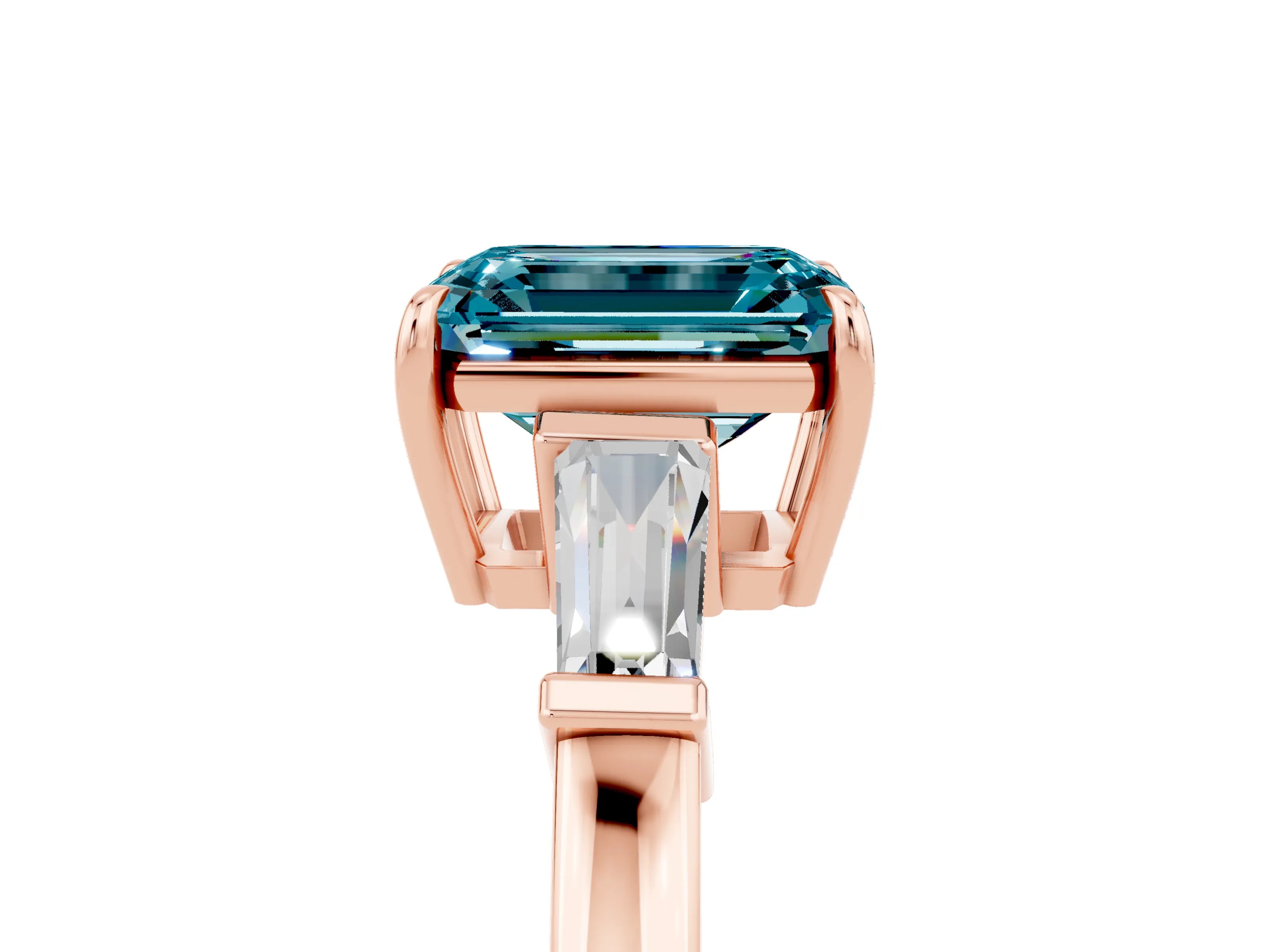 Rose gold Emerald Cut Cut Diamond Ring with Tapered Baguette Side Stones in Four-Prong Setting_5