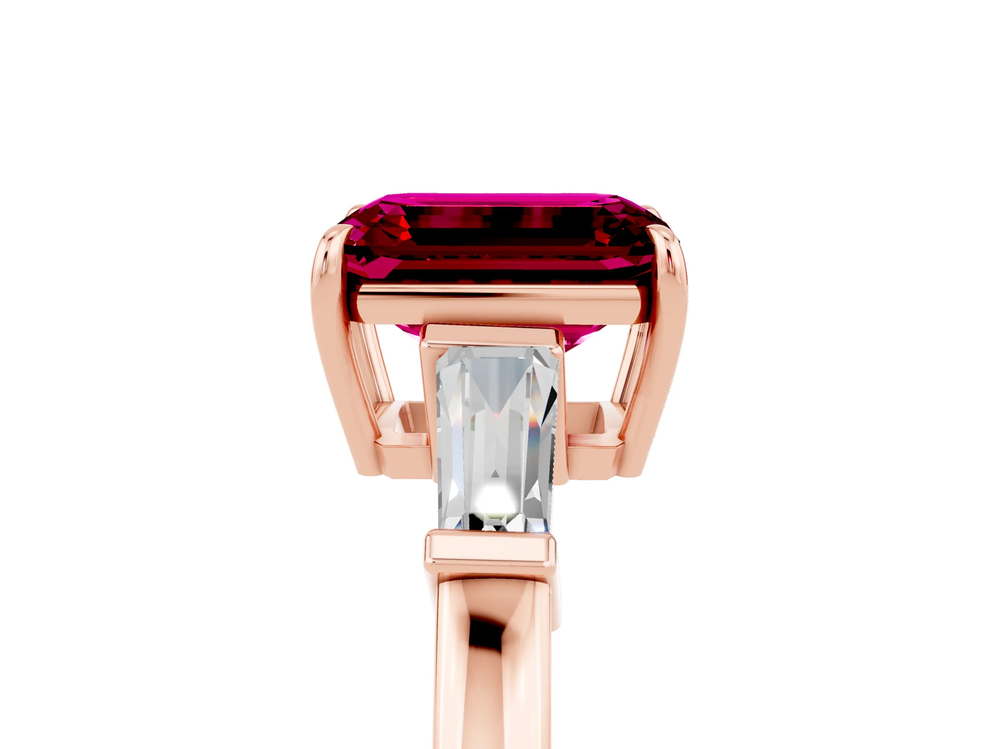 Rose gold Emerald Cut Cut Diamond Ring with Tapered Baguette Side Stones in Four-Prong Setting_5