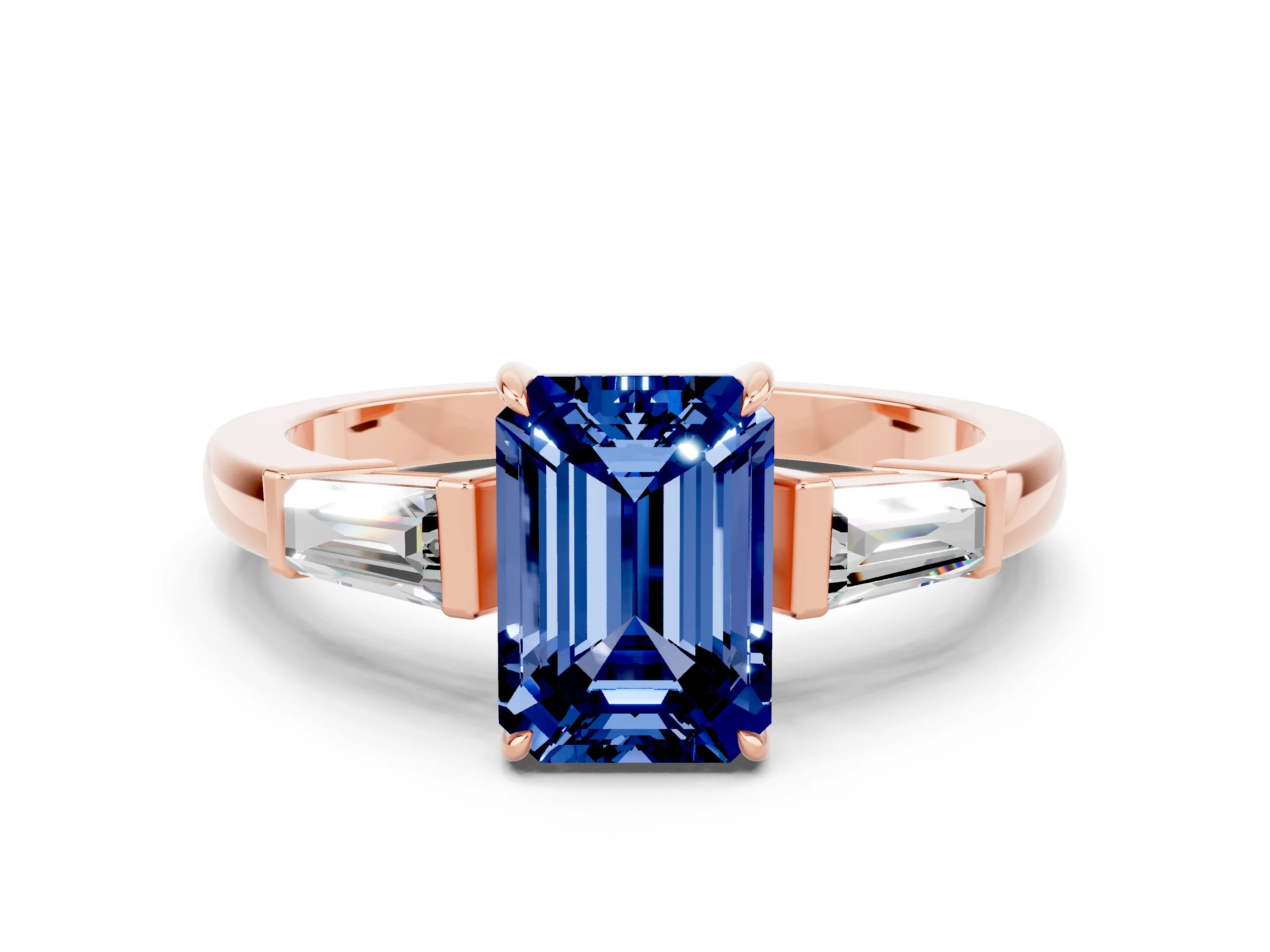 Rose gold Emerald Cut Cut Diamond Ring with Tapered Baguette Side Stones in Four-Prong Setting