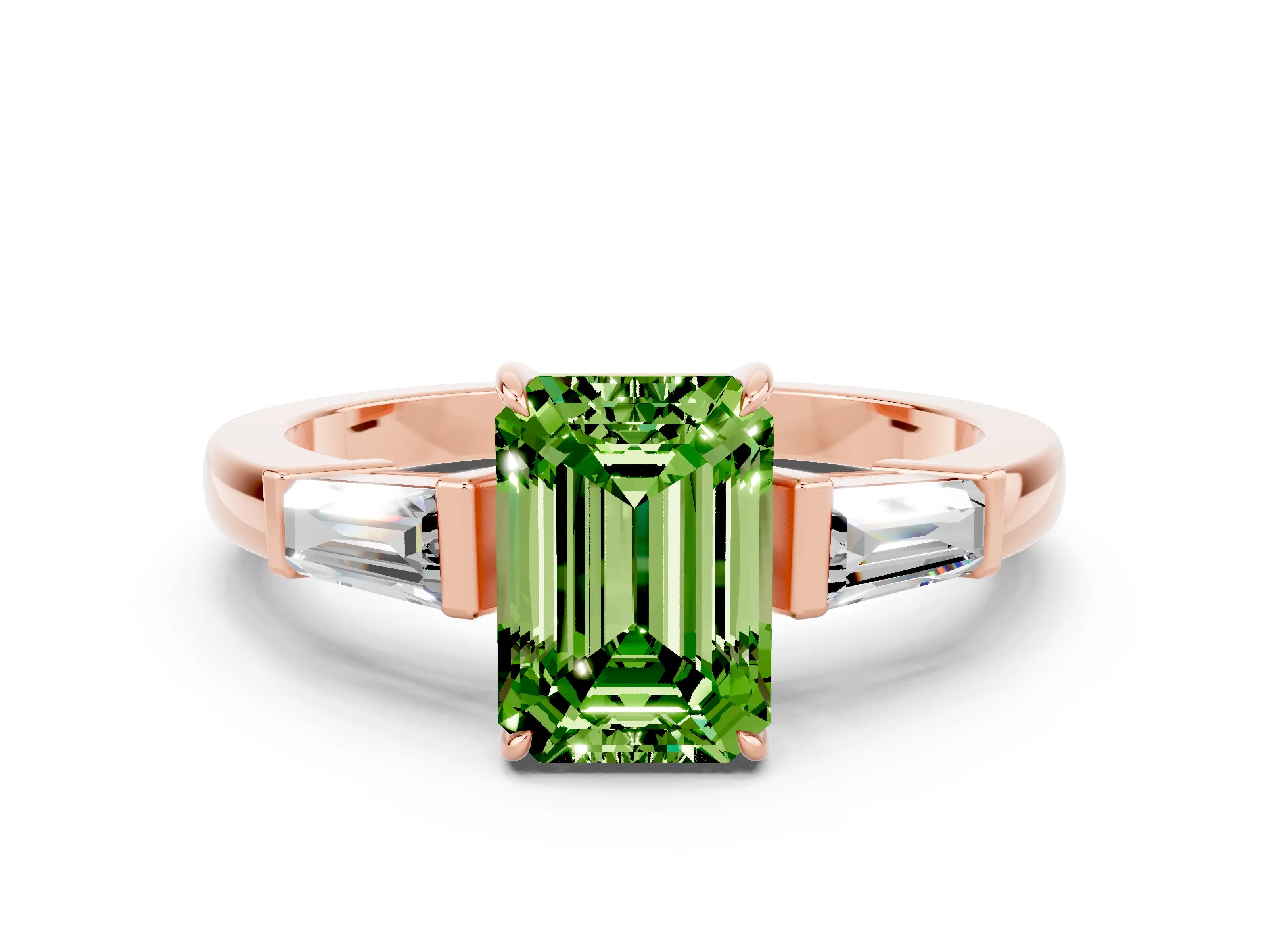 Rose gold Emerald Cut Cut Diamond Ring with Tapered Baguette Side Stones in Four-Prong Setting
