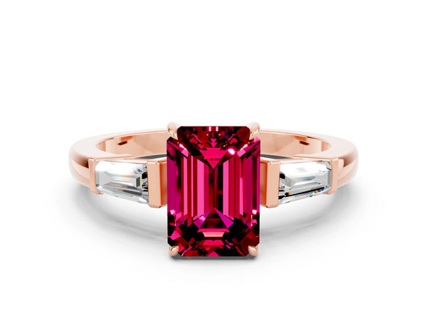 Rose gold Emerald Cut Garnet Three-Stone Ring with Tapered Baguette Side Stones and Prong Setting