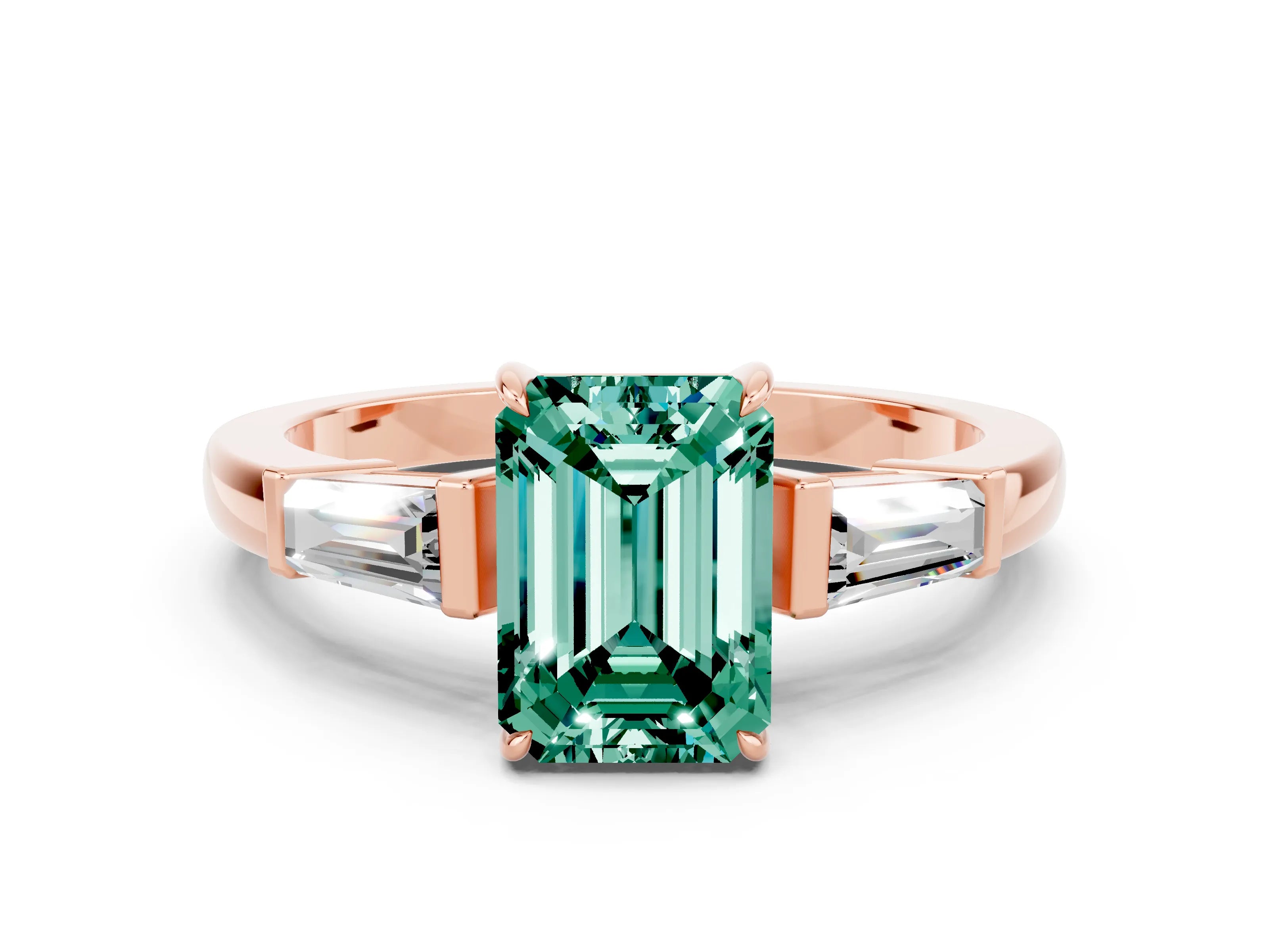 Rose gold Emerald Cut Cut Diamond Ring with Tapered Baguette Side Stones in Four-Prong Setting