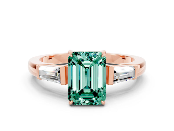 Rose gold Emerald Cut Green Sapphire Three-Stone Ring with Tapered Baguette Side Stones and Prong Setting