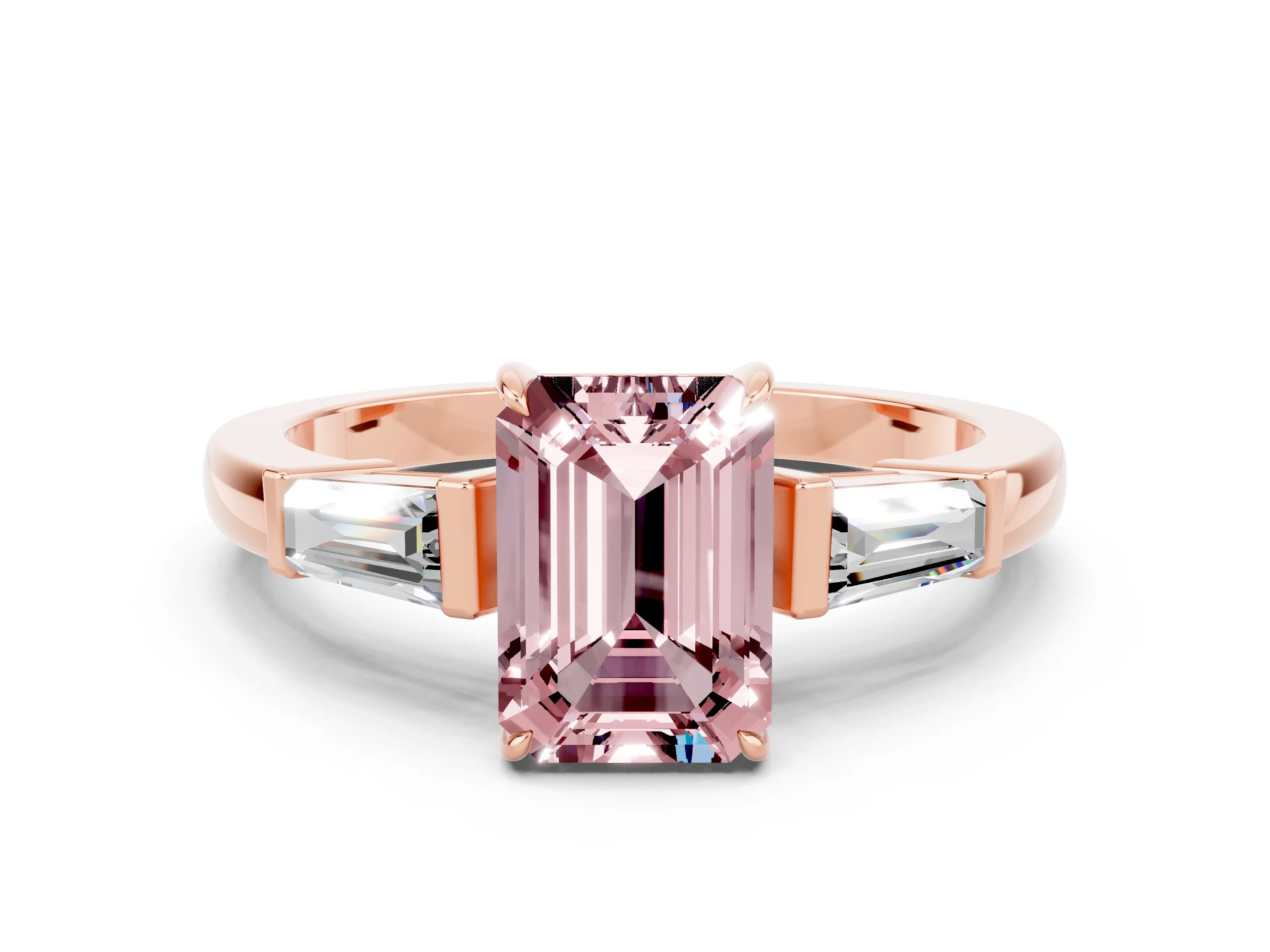 Rose gold Emerald Cut Cut Diamond Ring with Tapered Baguette Side Stones in Four-Prong Setting