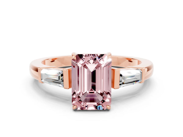 Rose gold Emerald Cut Cut Diamond Ring with Tapered Baguette Side Stones in Four-Prong Setting