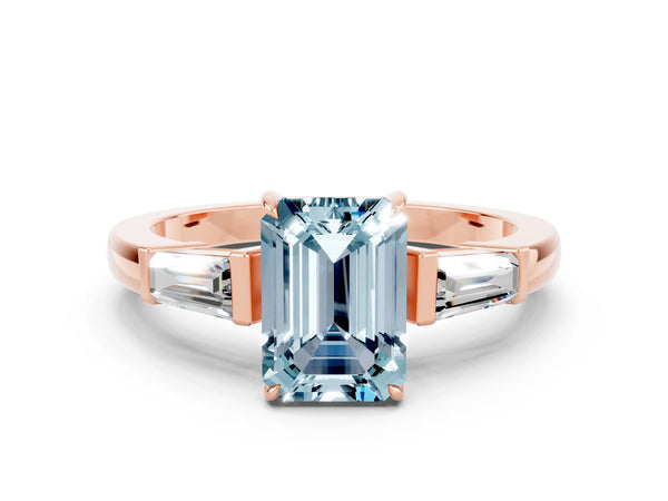 Rose gold Emerald Cut Aquamarine Three-Stone Ring with Tapered Baguette Side Stones and Prong Setting