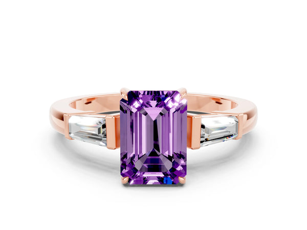 Rose gold Emerald Cut Amethyst Three-Stone Ring with Tapered Baguette Side Stones and Prong Setting