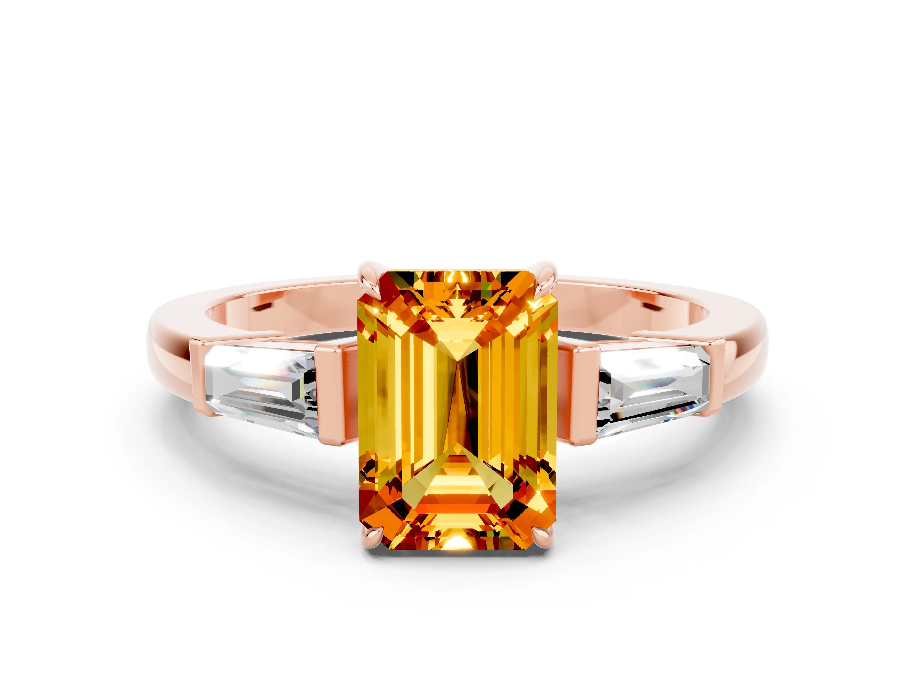 Rose gold Emerald Cut Cut Diamond Ring with Tapered Baguette Side Stones in Four-Prong Setting