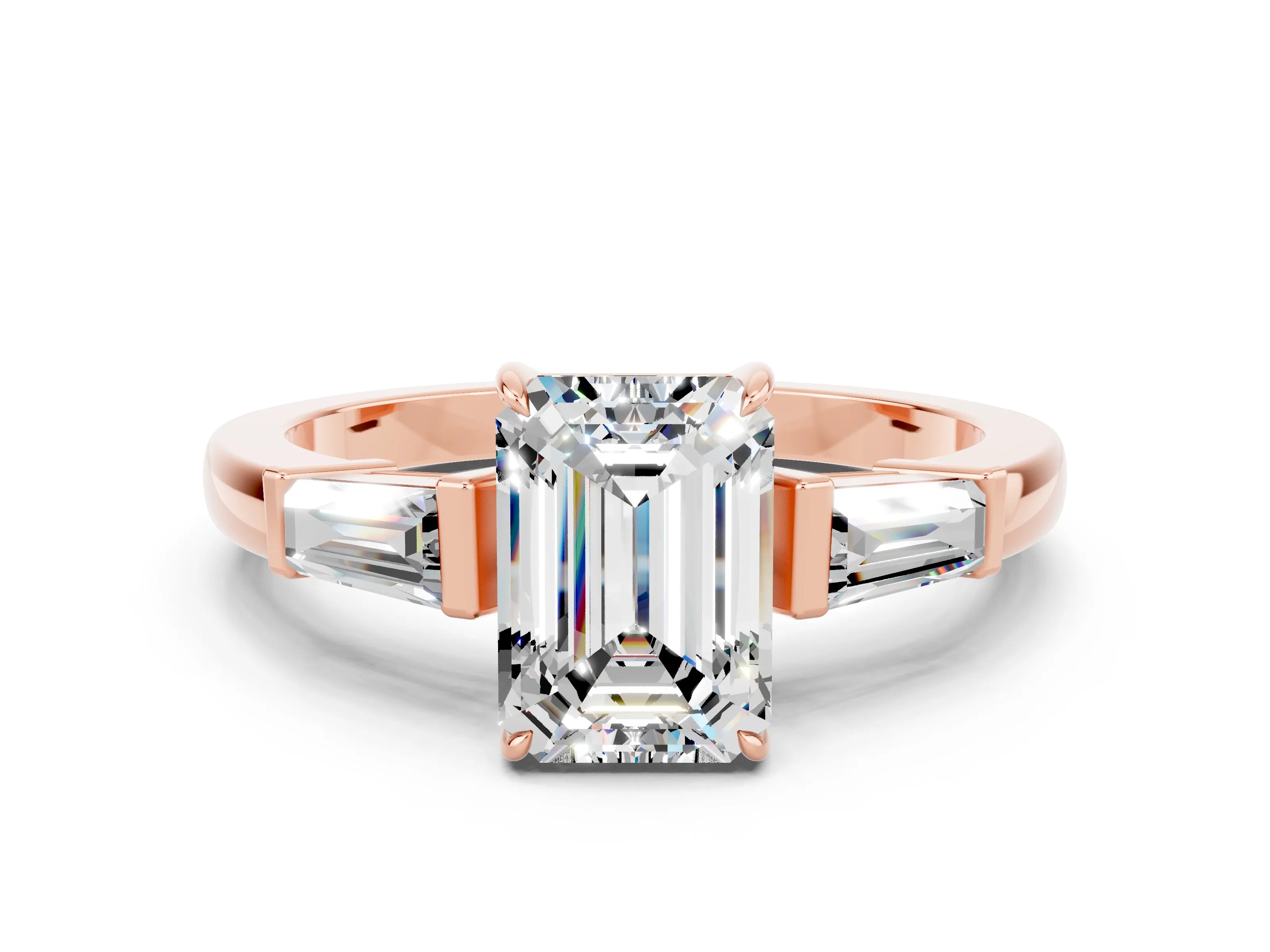 Rose gold Emerald Cut Cut Diamond Ring with Tapered Baguette Side Stones in Four-Prong Setting