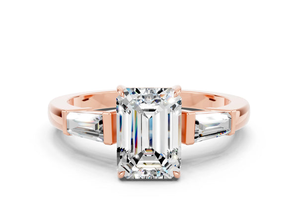 Rose gold Emerald Cut Moissanite Three-Stone Ring with Tapered Baguette Side Stones and Prong Setting