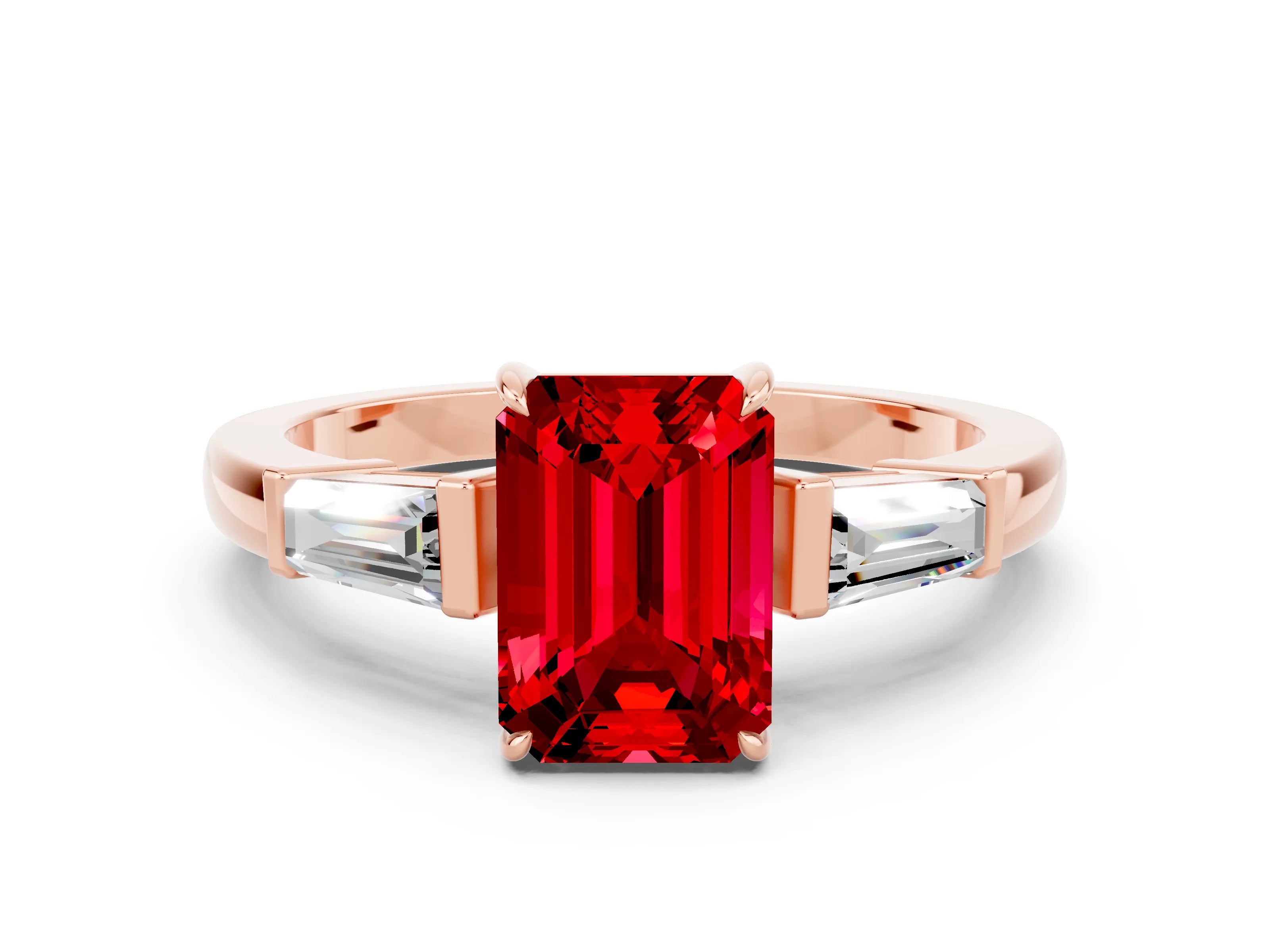 Rose gold Emerald Cut Cut Diamond Ring with Tapered Baguette Side Stones in Four-Prong Setting