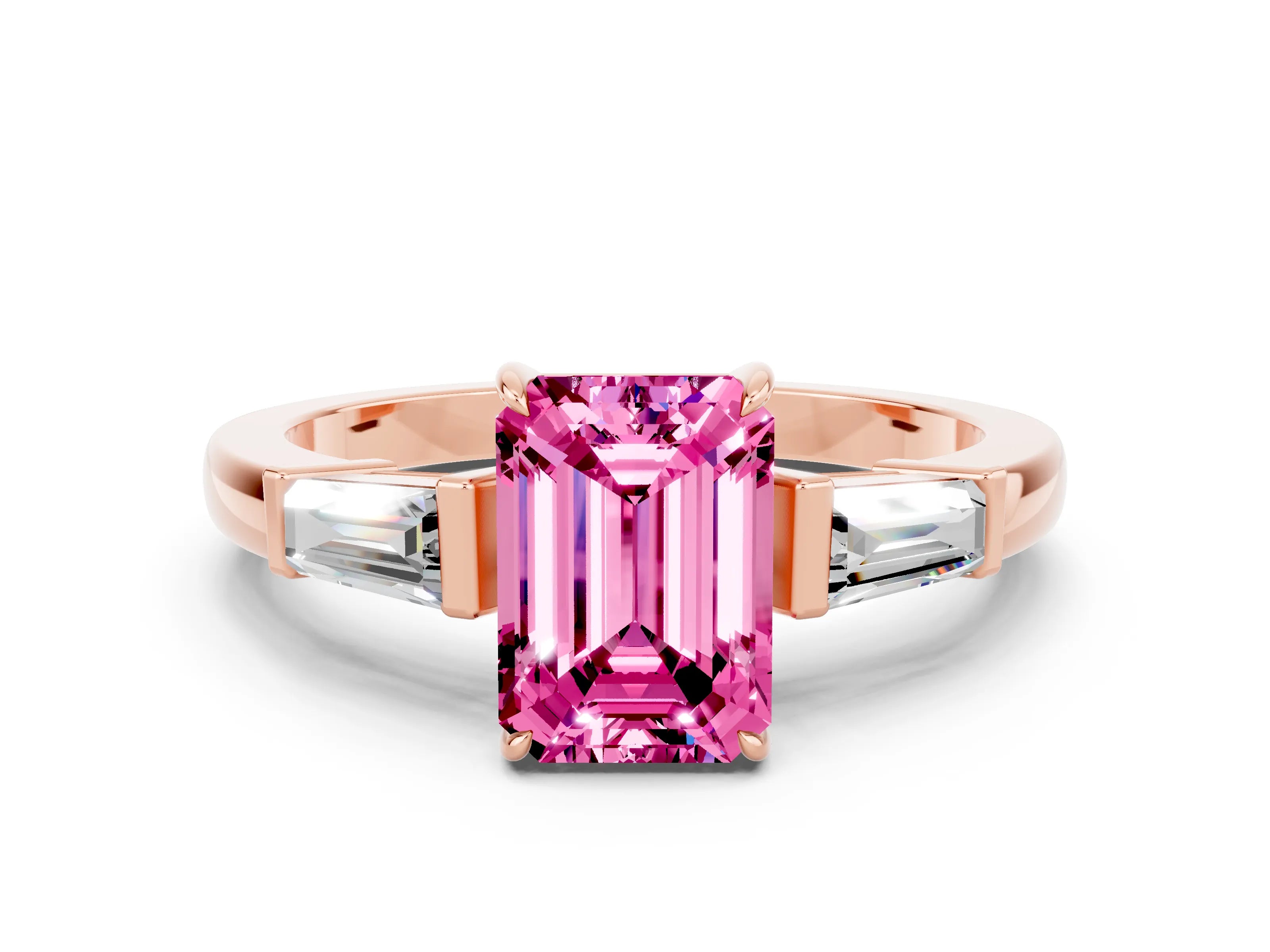 Rose gold Emerald Cut Cut Diamond Ring with Tapered Baguette Side Stones in Four-Prong Setting
