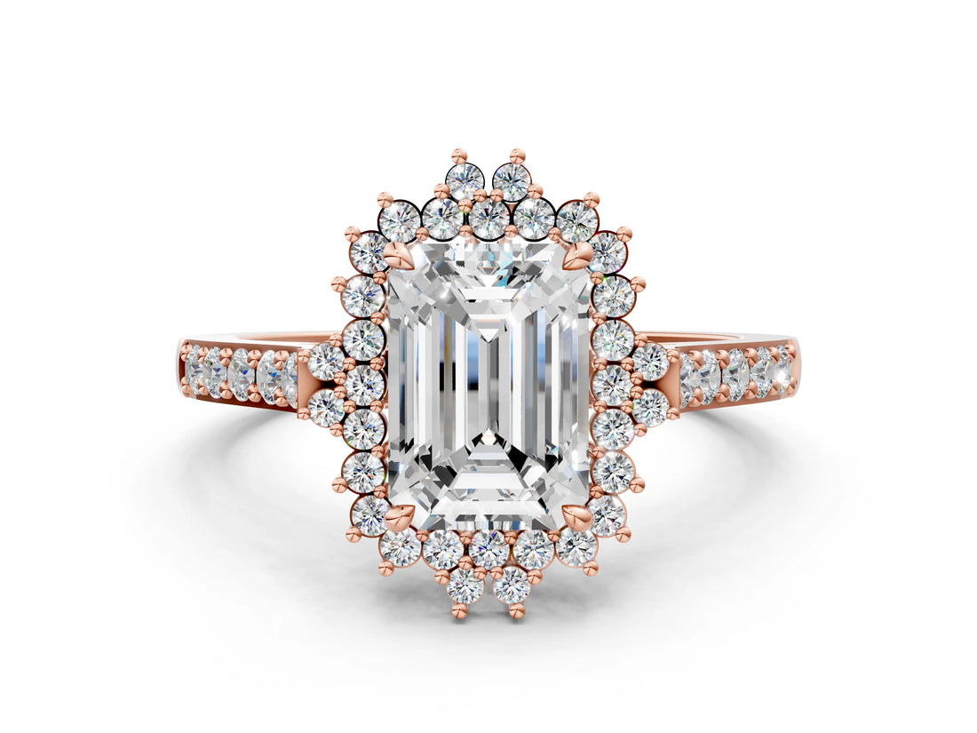 Rose gold Emerald Cut Cut Diamond Sunburst Halo Engagement Ring with Pavé Band_3