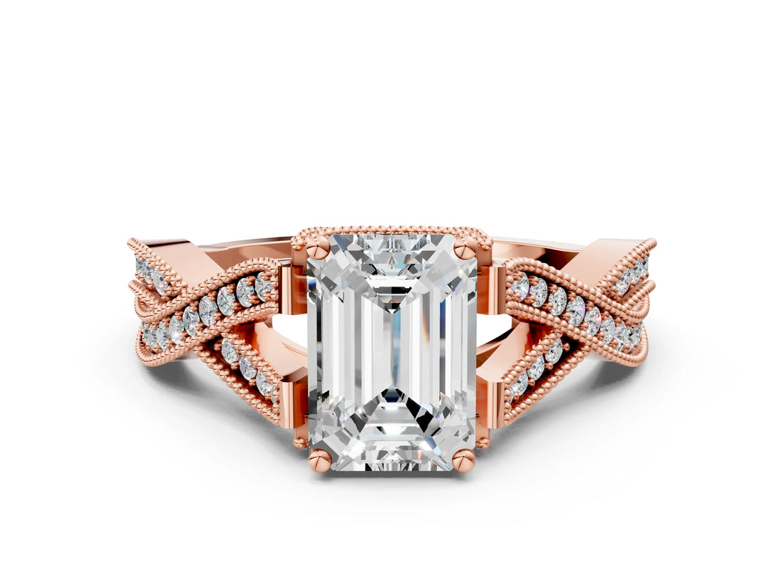 Rose gold Emerald Cut Cut Diamond Twisted Band with Milgrain Pave Setting and Four-Prong Setting_2